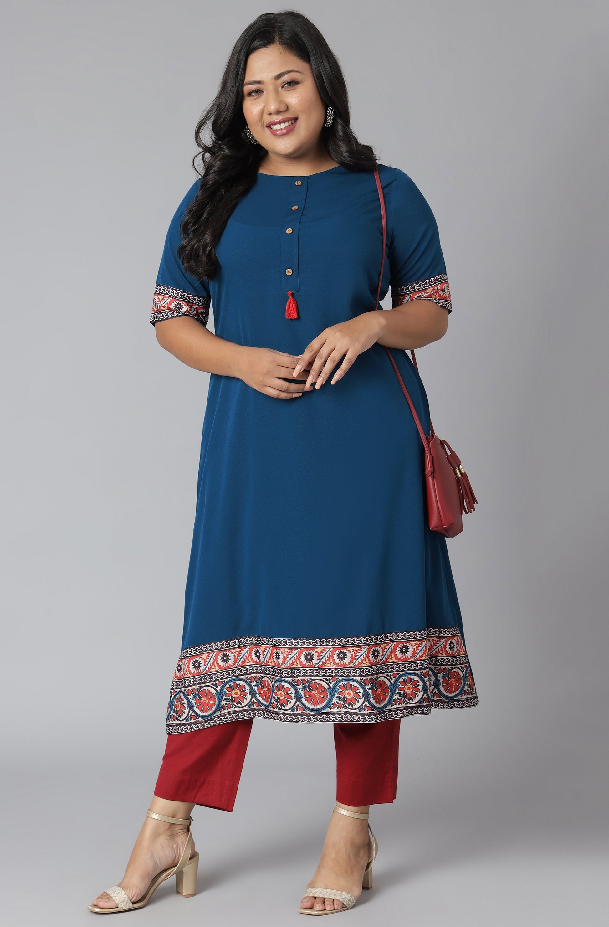 Janasya Women's Teal Poly Crepe Floral Print Casual A-line Kurta | Swadesiicart