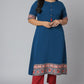 Janasya Women's Teal Poly Crepe Floral Print Casual A-line Kurta | Swadesiicart