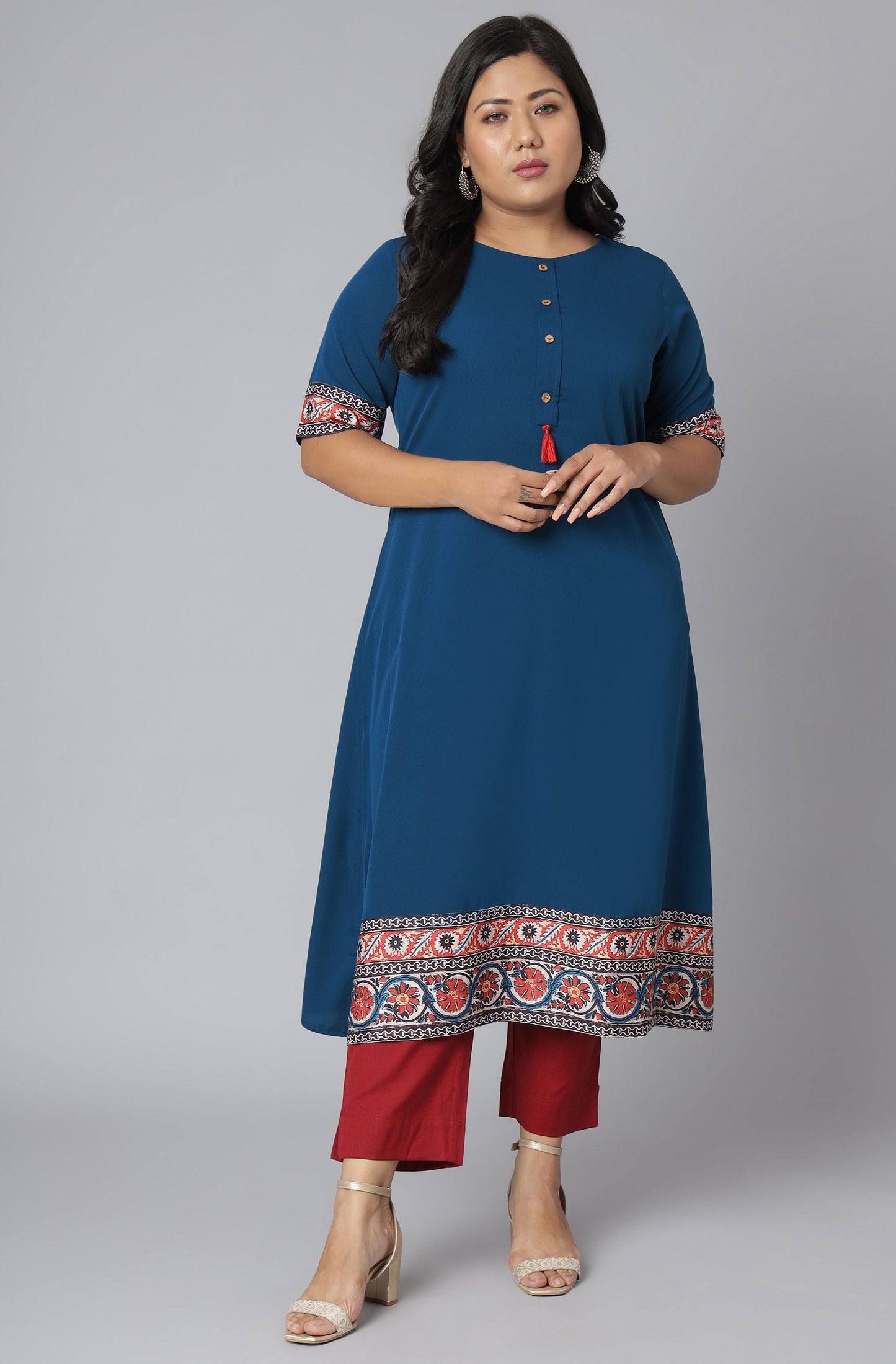 Janasya Women's Teal Poly Crepe Floral Print Casual A-line Kurta | Swadesiicart