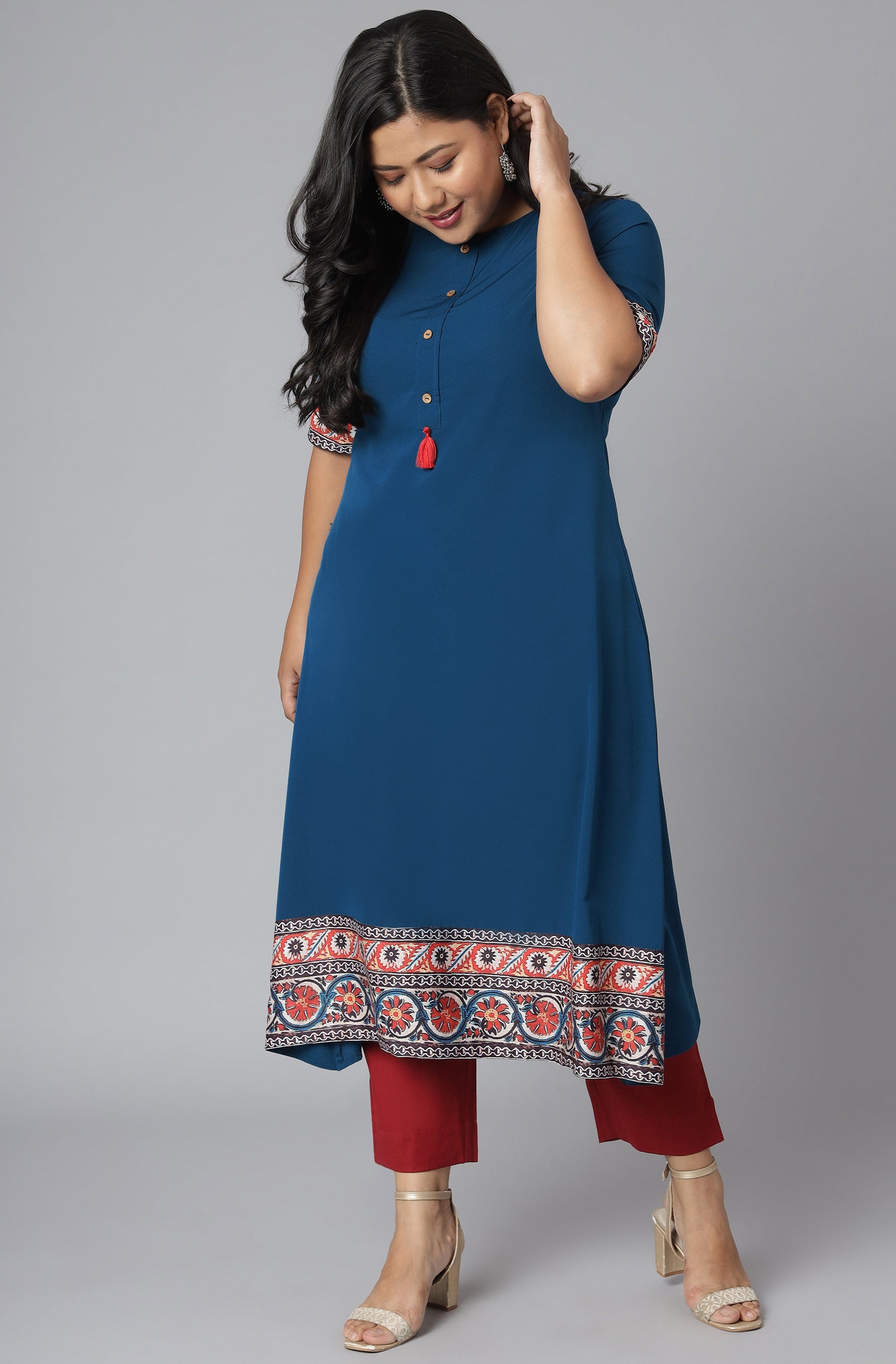 Janasya Women's Teal Poly Crepe Floral Print Casual A-line Kurta | Swadesiicart