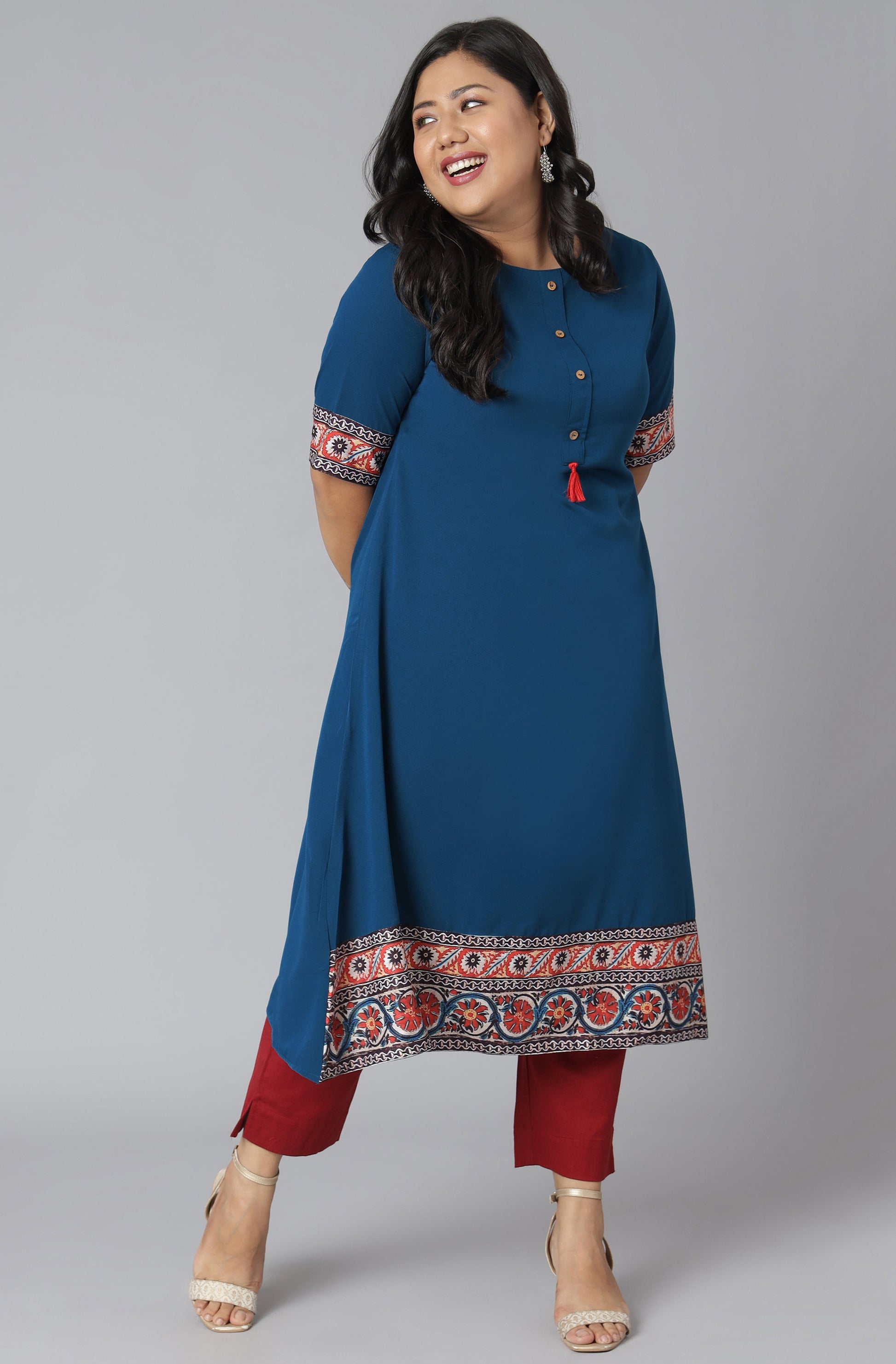 Janasya Women's Teal Poly Crepe Floral Print Casual A-line Kurta | Swadesiicart