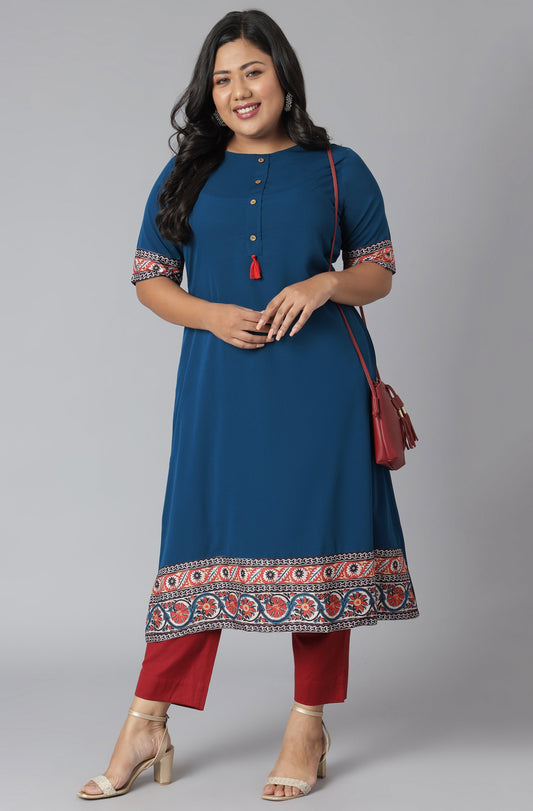 Janasya Women's Teal Poly Crepe Floral Print Casual A-line Kurta | Swadesiicart
