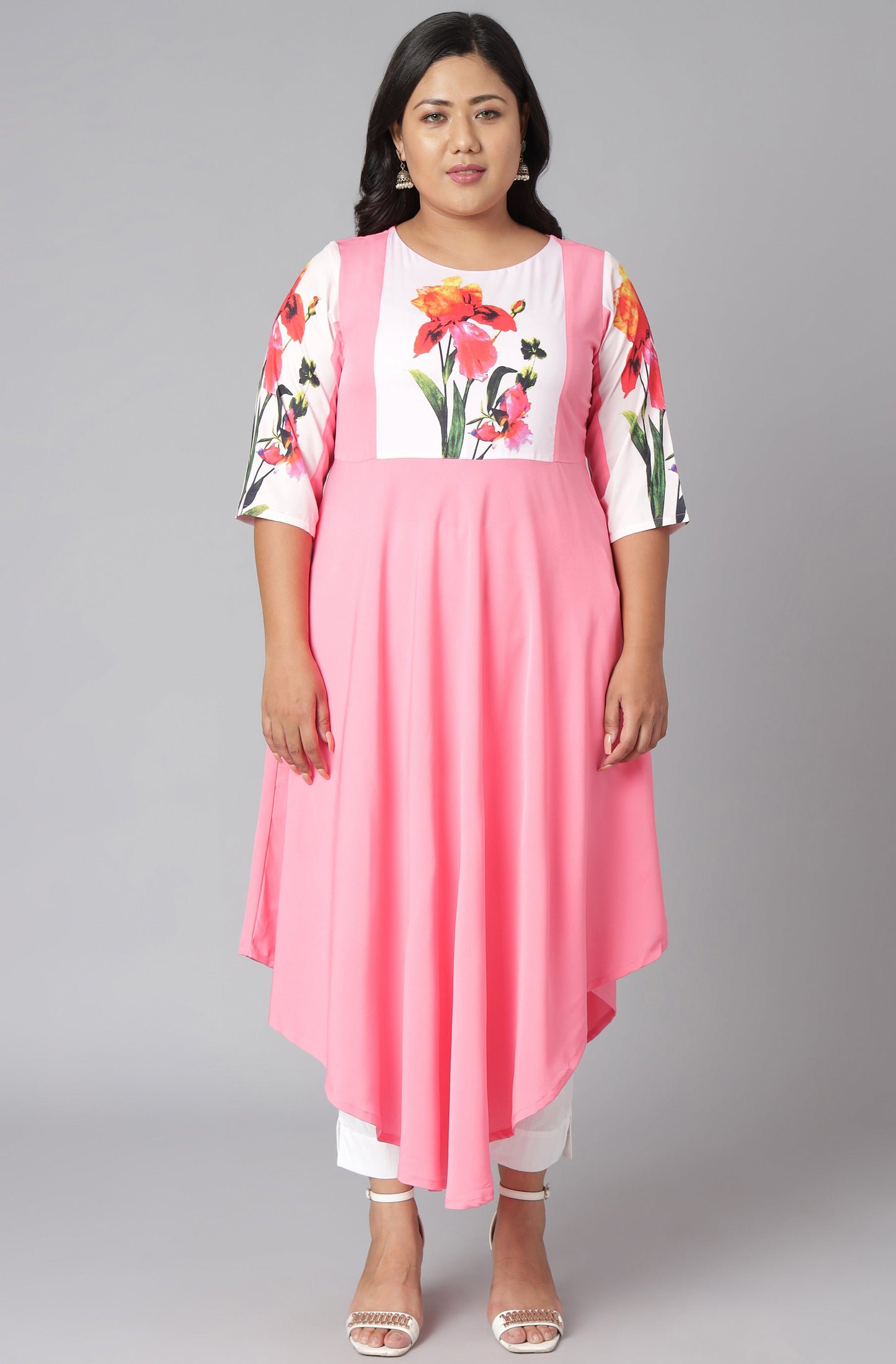 Janasya Women's Pink Poly Crepe Floral Print Casual Flared Kurta - Swadesiicart