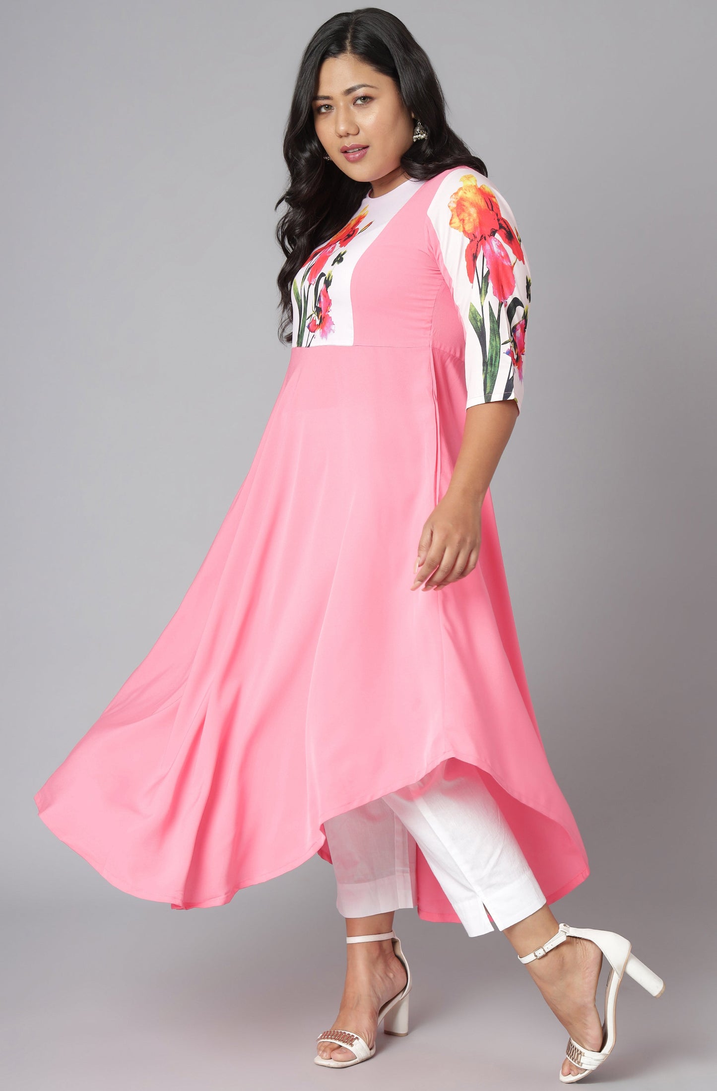 Janasya Women's Pink Poly Crepe Floral Print Casual Flared Kurta - Swadesiicart