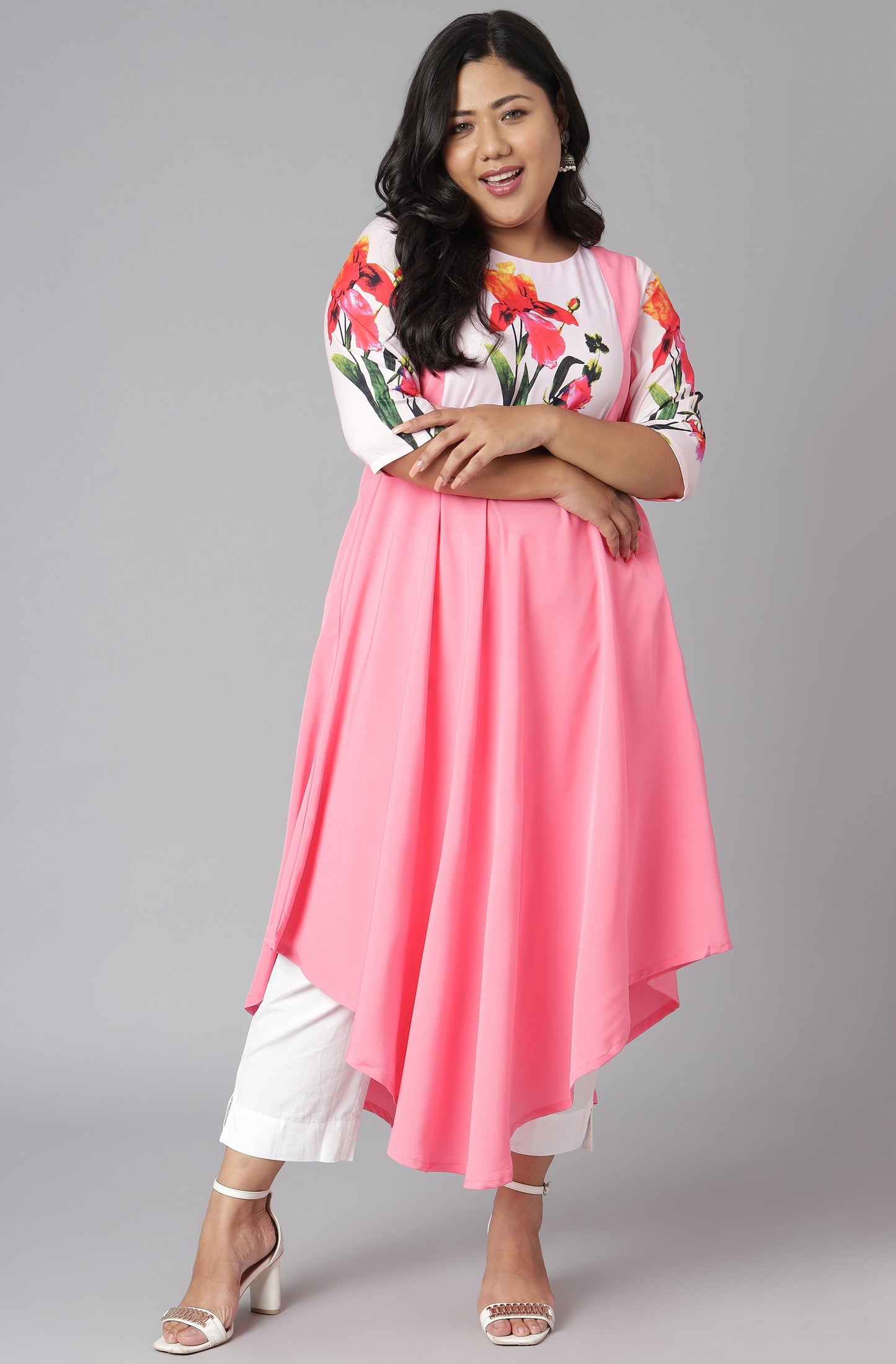 Janasya Women's Pink Poly Crepe Floral Print Casual Flared Kurta - Swadesiicart