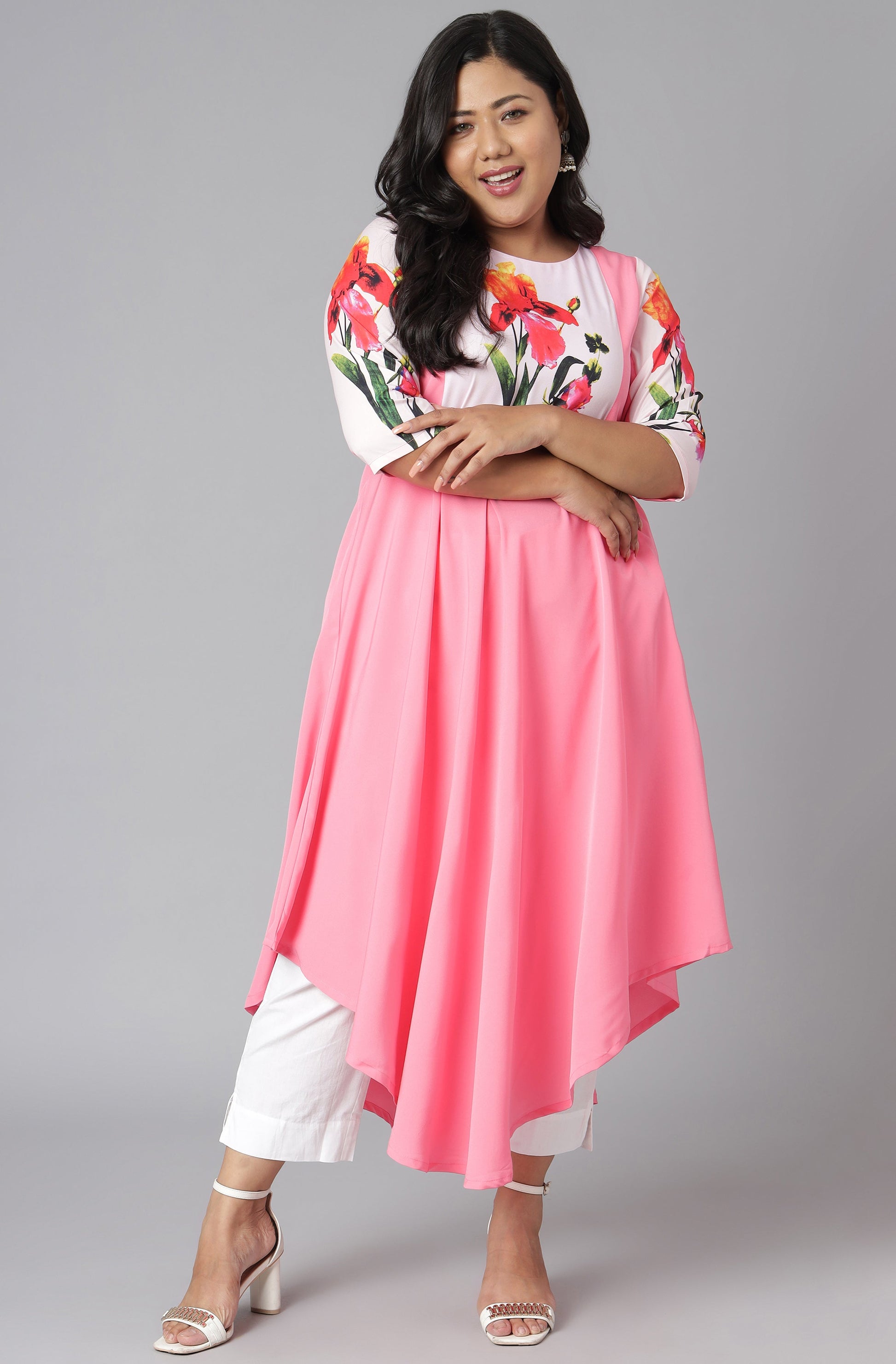 Janasya Women's Pink Poly Crepe Floral Print Casual Flared Kurta - Swadesiicart