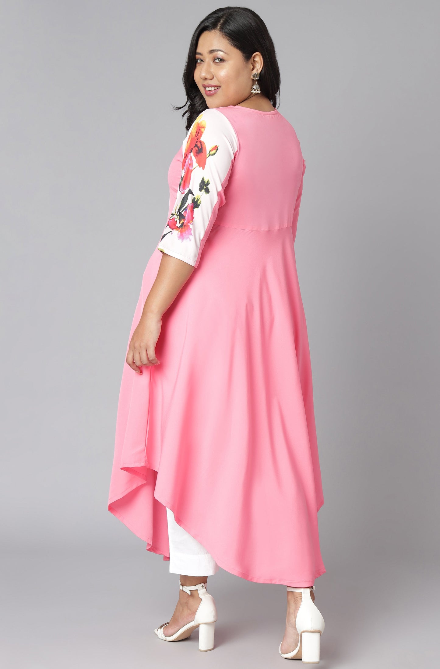 Janasya Women's Pink Poly Crepe Floral Print Casual Flared Kurta - Swadesiicart