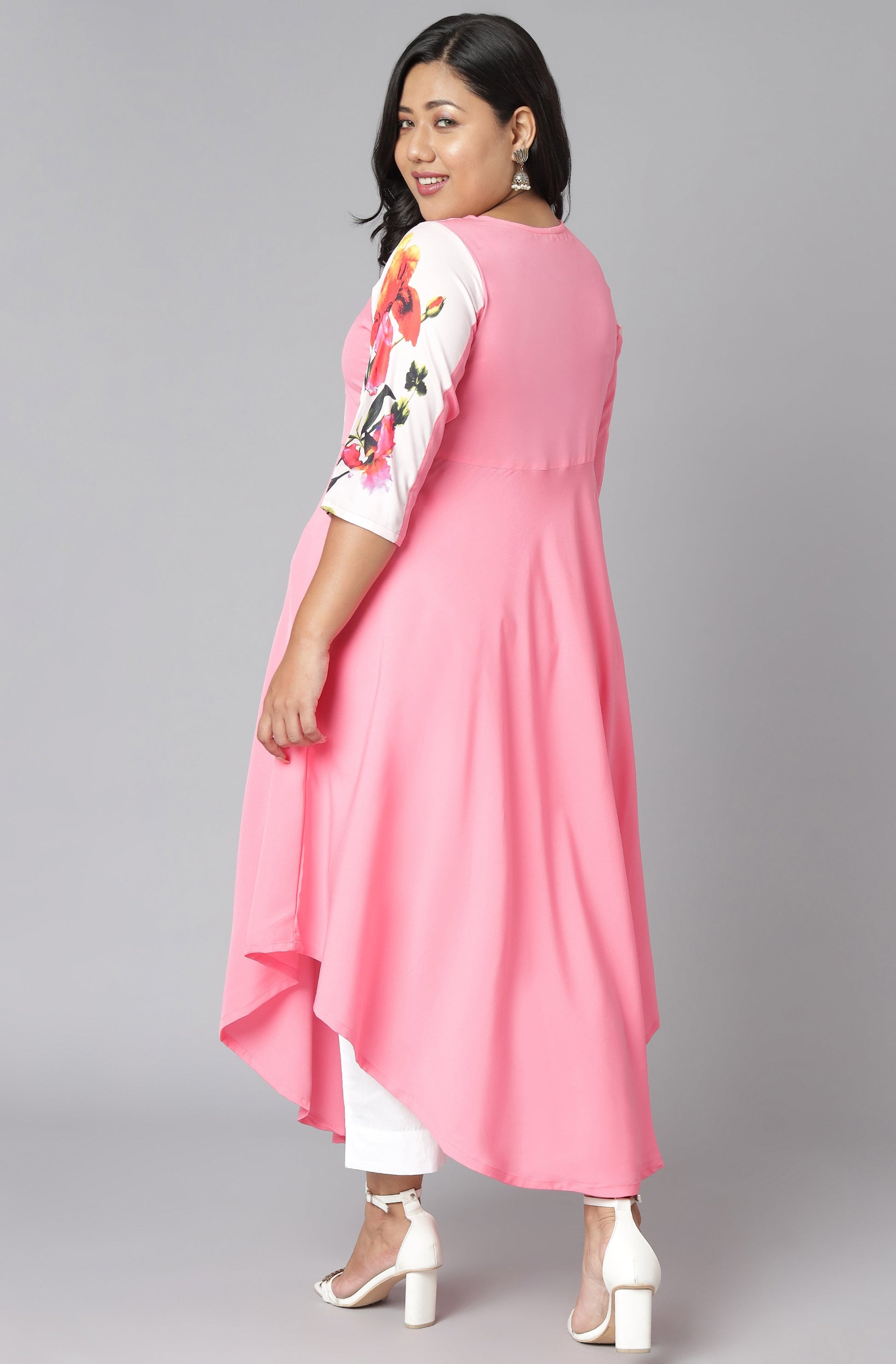 Janasya Women's Pink Poly Crepe Floral Print Casual Flared Kurta - Swadesiicart