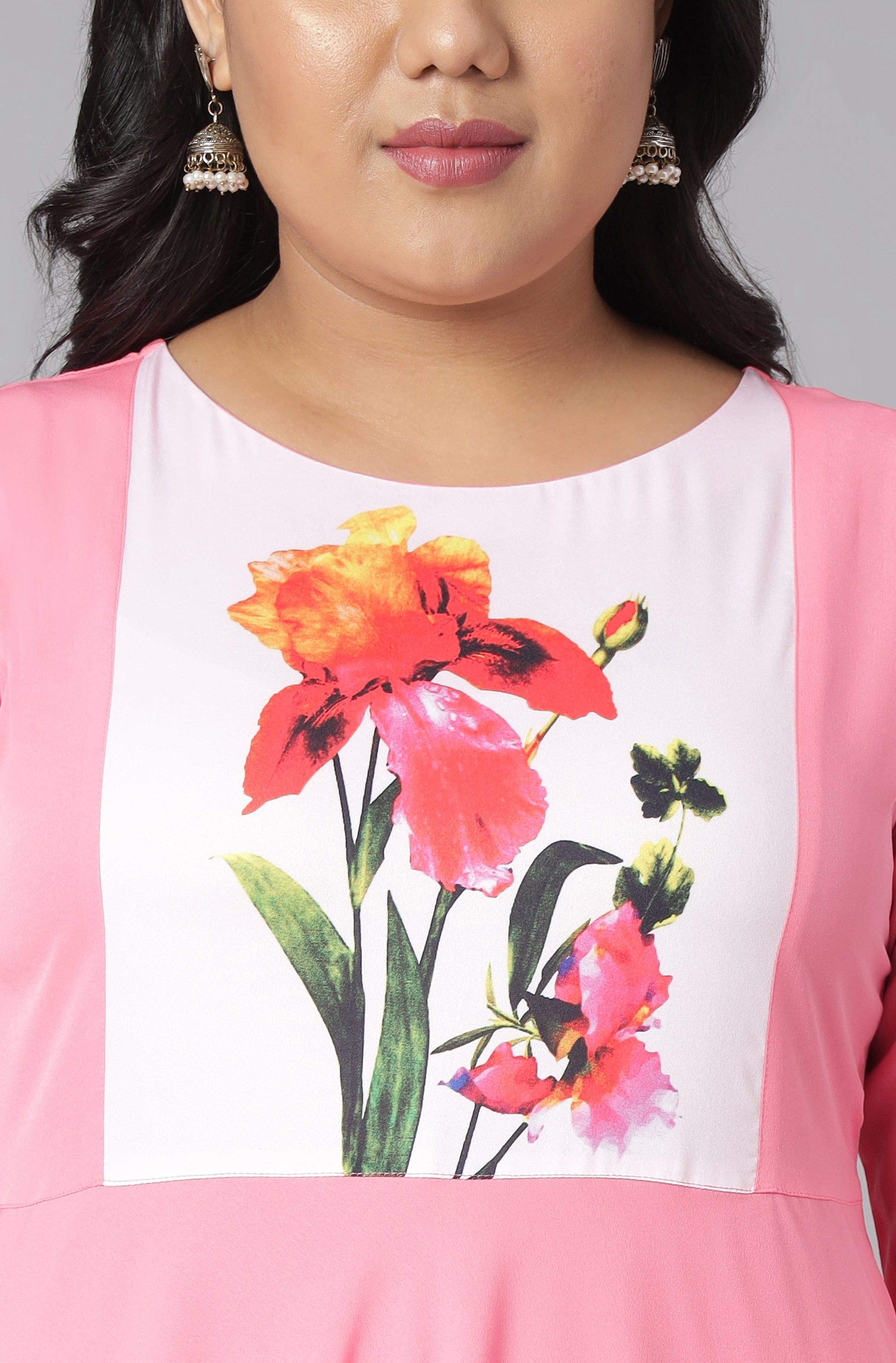 Janasya Women's Pink Poly Crepe Floral Print Casual Flared Kurta - Swadesiicart