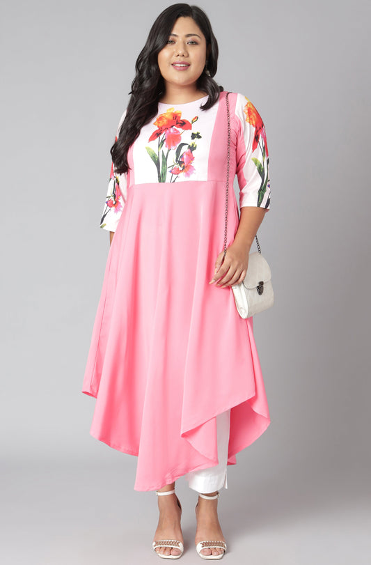 Janasya Women's Pink Poly Crepe Floral Print Casual Flared Kurta - Swadesiicart
