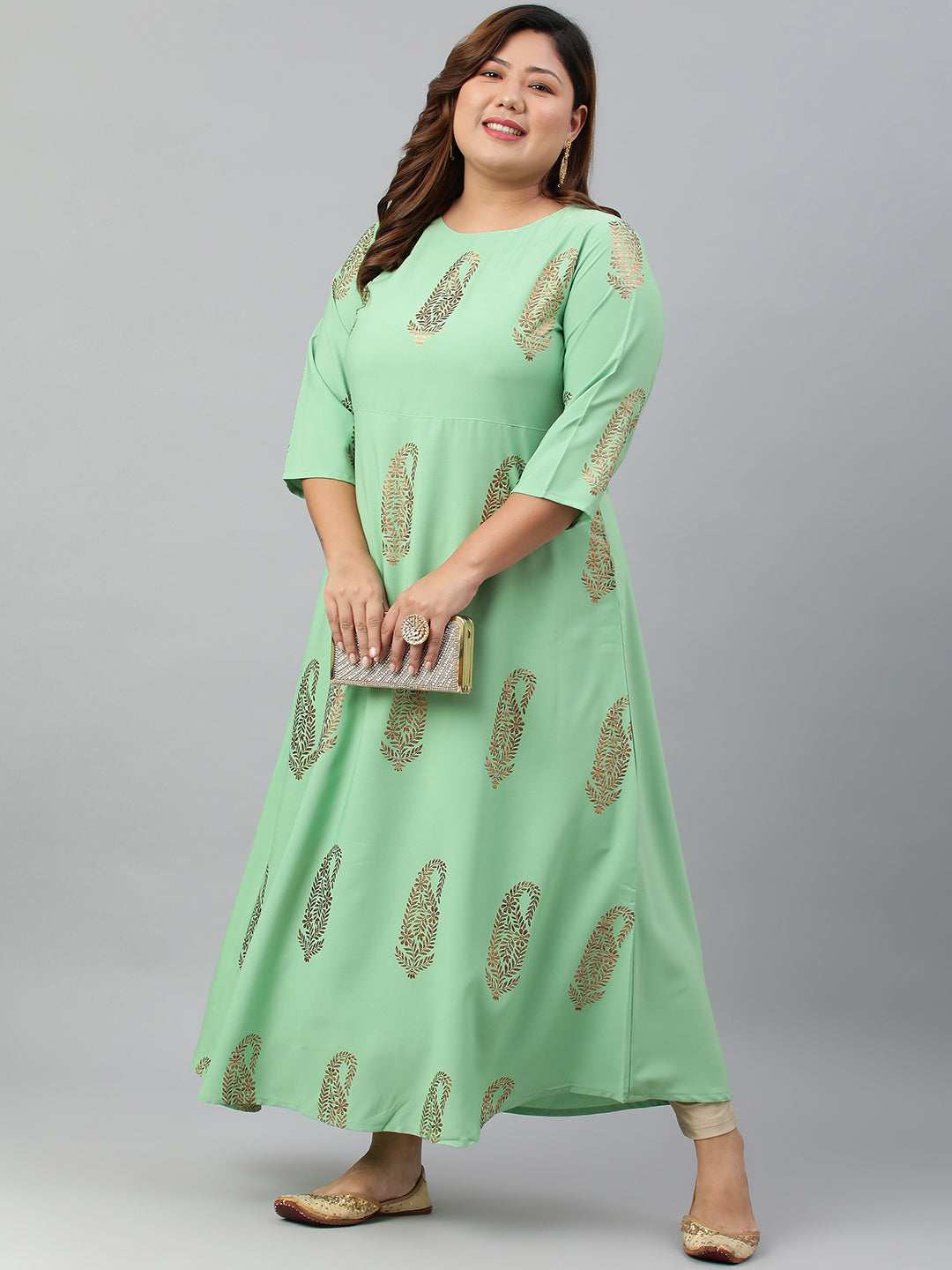 Janasya Women's Light Green Poly Crepe Foil Print Casual A-line kurta | Swadesiicart