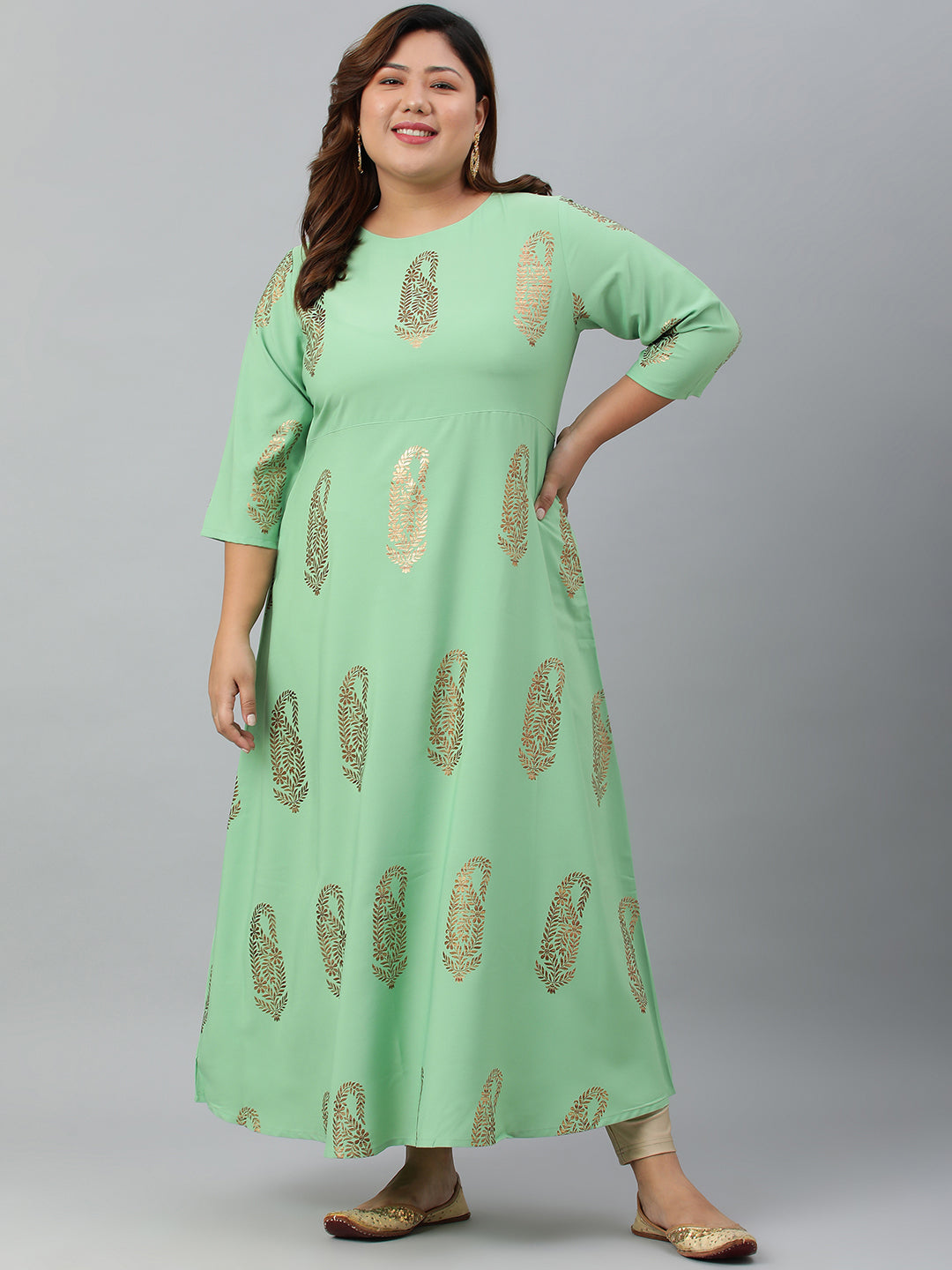 Janasya Women's Light Green Poly Crepe Foil Print Casual A-line kurta | Swadesiicart