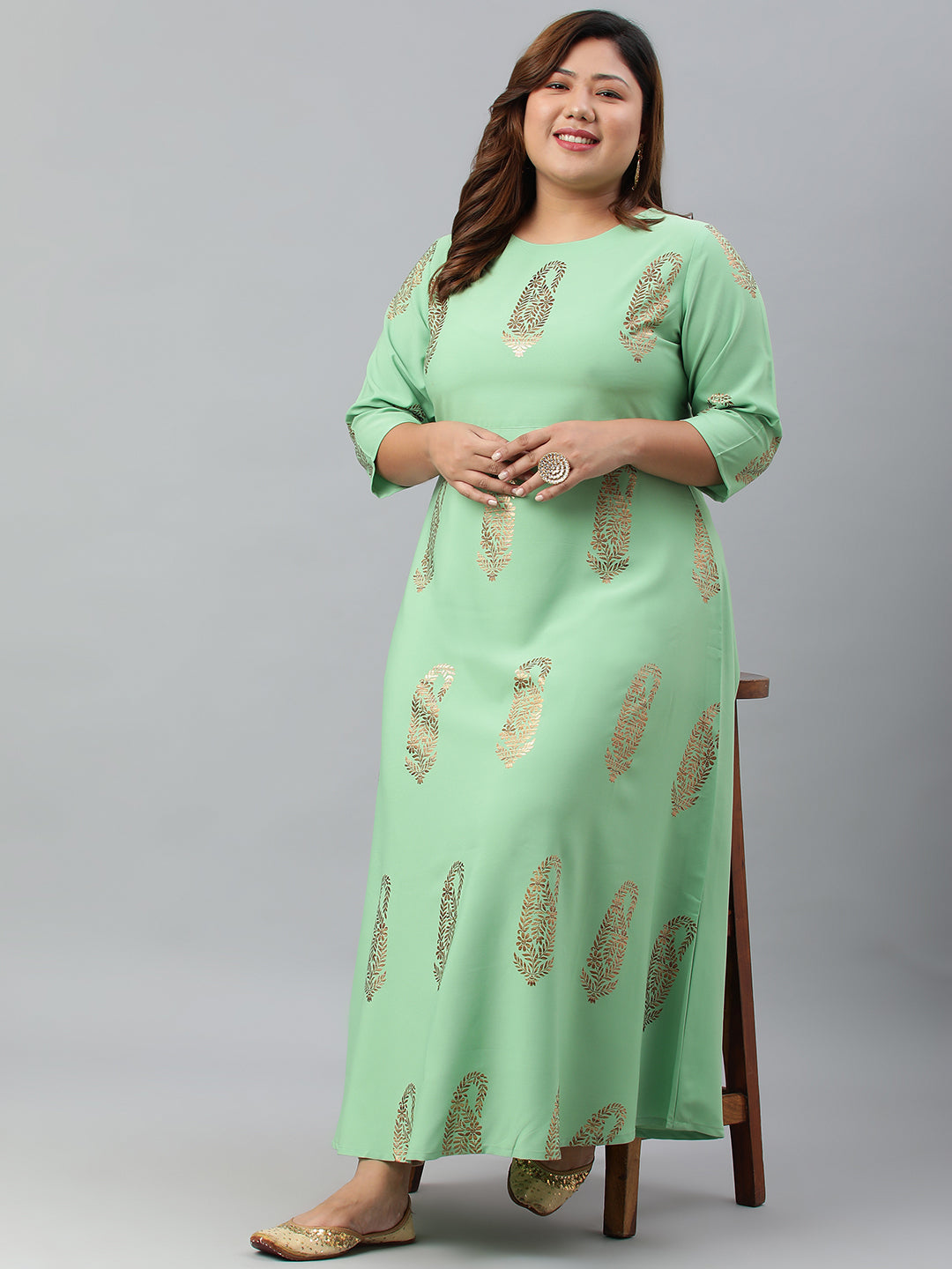 Janasya Women's Light Green Poly Crepe Foil Print Casual A-line kurta | Swadesiicart