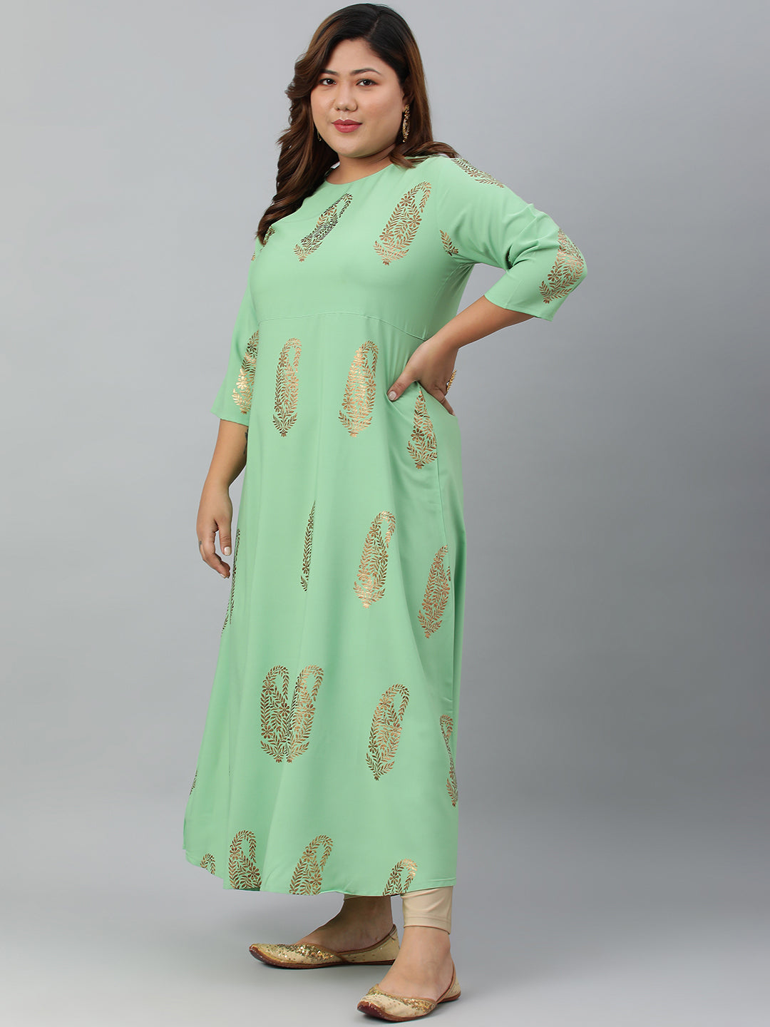 Janasya Women's Light Green Poly Crepe Foil Print Casual A-line kurta | Swadesiicart
