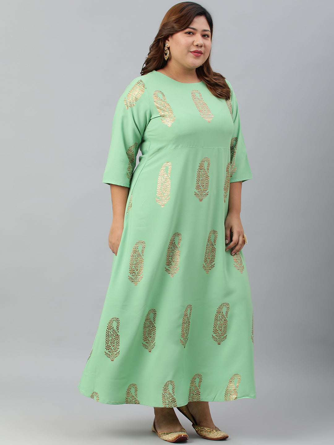 Janasya Women's Light Green Poly Crepe Foil Print Casual A-line kurta | Swadesiicart