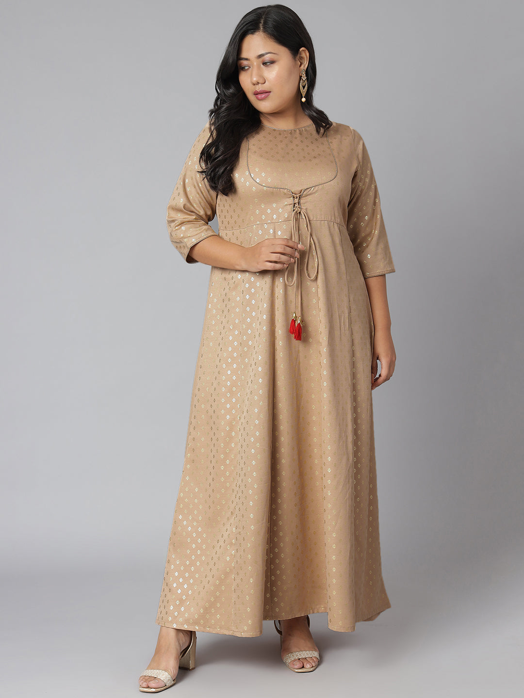 Janasya Women's Beige Poly Silk Foil Print Festive & Party Anarkali Kurta | Swadesiicart