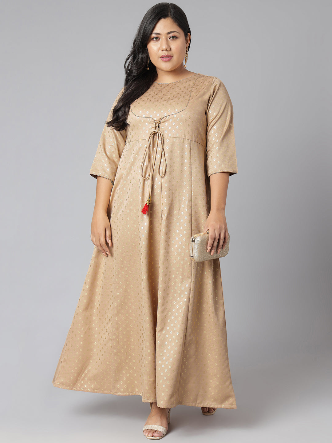 Janasya Women's Beige Poly Silk Foil Print Festive & Party Anarkali Kurta | Swadesiicart