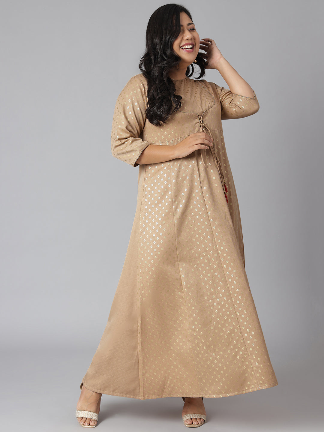 Janasya Women's Beige Poly Silk Foil Print Festive & Party Anarkali Kurta | Swadesiicart