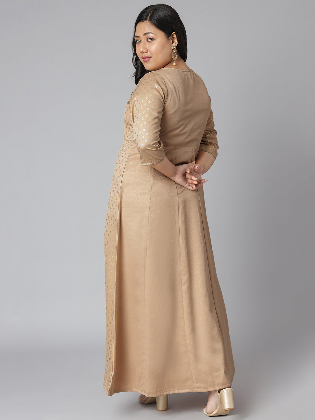 Janasya Women's Beige Poly Silk Foil Print Festive & Party Anarkali Kurta | Swadesiicart