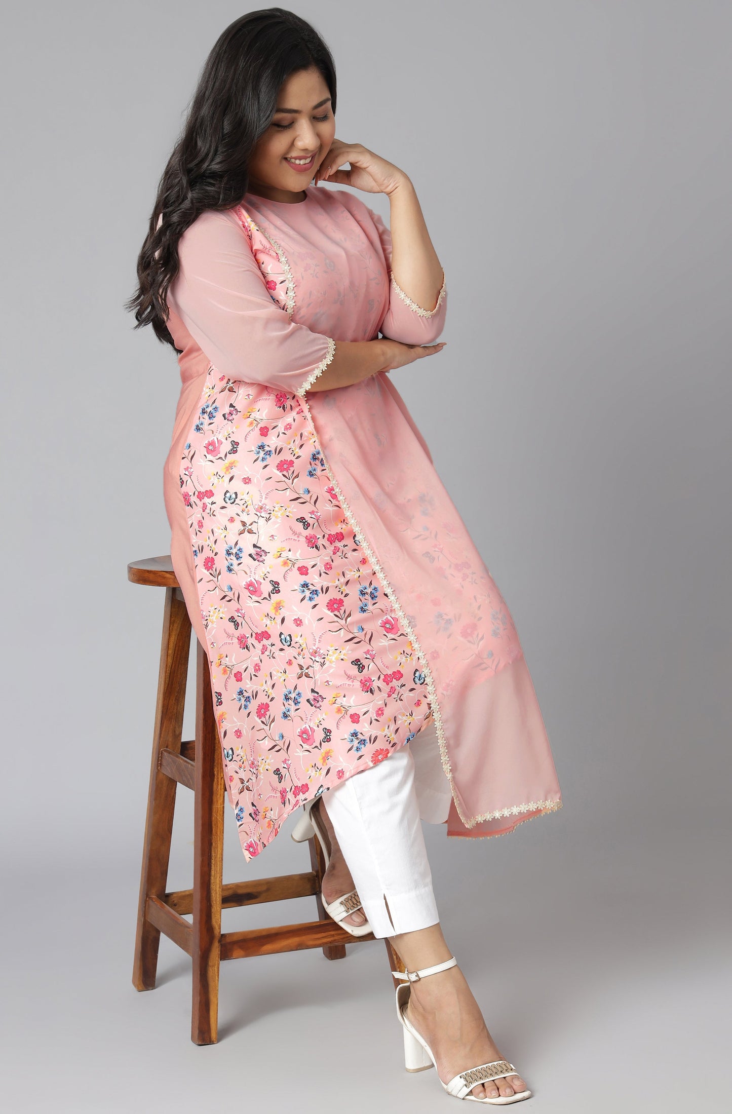 Janasya Women's Pink Poly Crepe Floral Print Casual High Low Kurta | Swadesiicart
