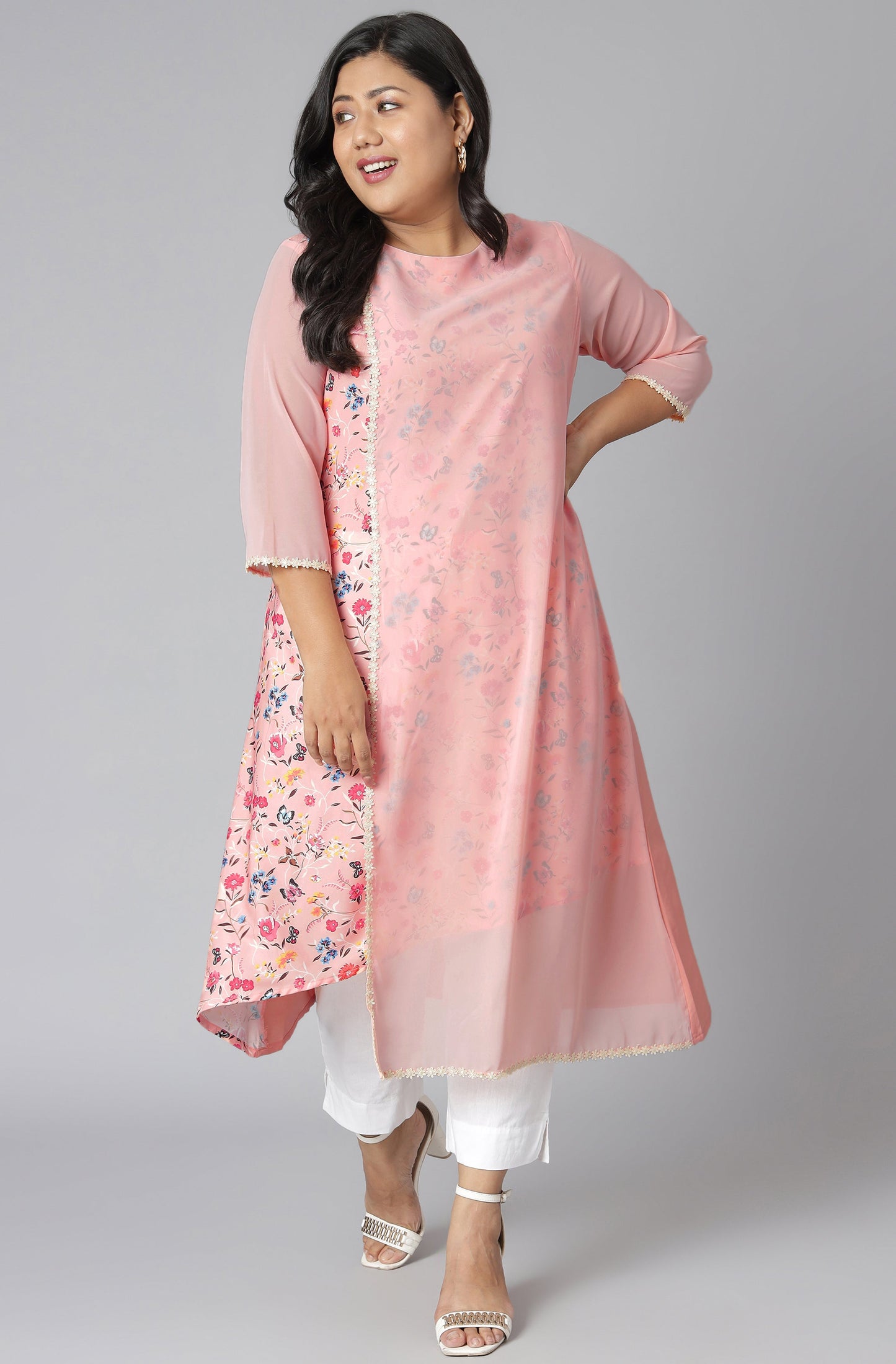 Janasya Women's Pink Poly Crepe Floral Print Casual High Low Kurta | Swadesiicart