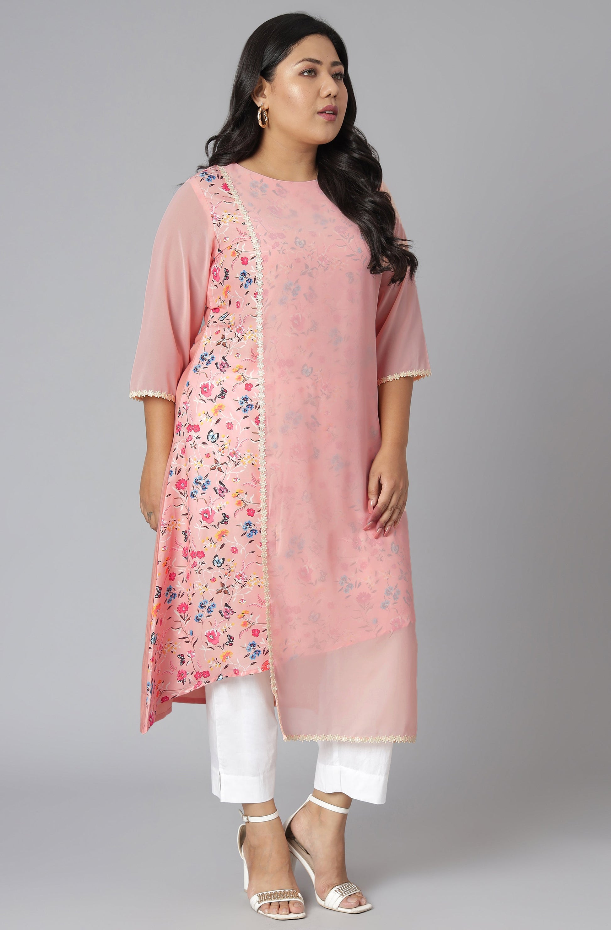 Janasya Women's Pink Poly Crepe Floral Print Casual High Low Kurta | Swadesiicart