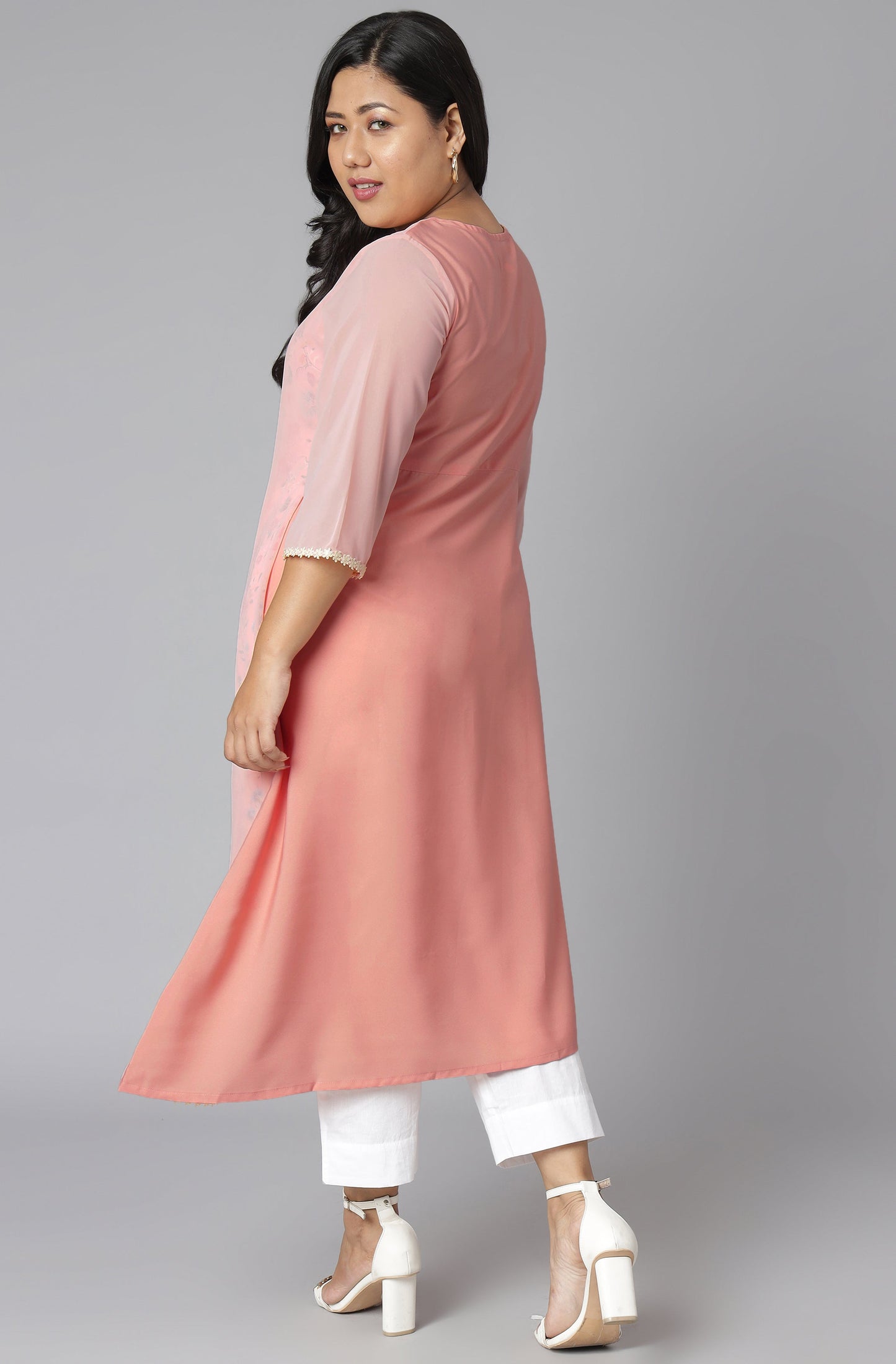 Janasya Women's Pink Poly Crepe Floral Print Casual High Low Kurta | Swadesiicart