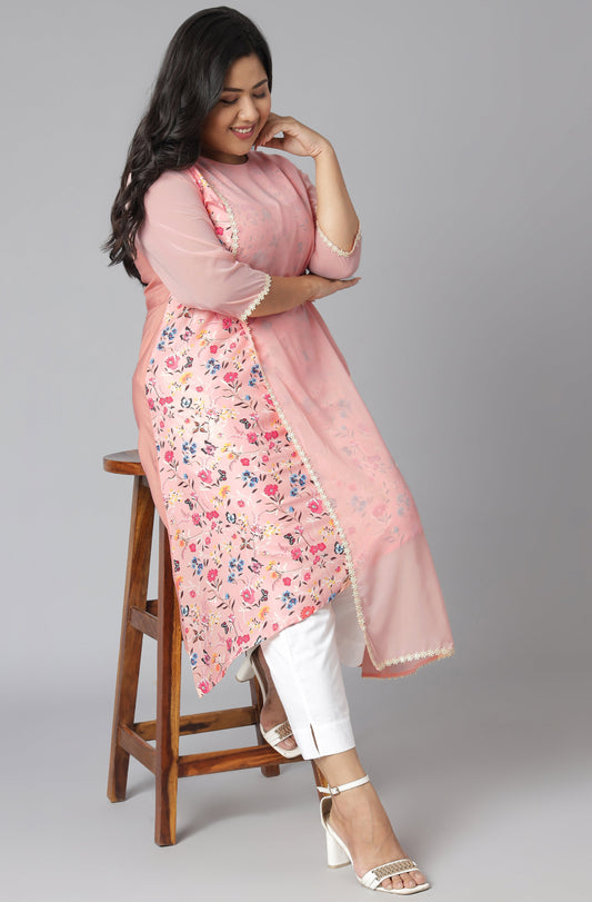 Janasya Women's Pink Poly Crepe Floral Print Casual High Low Kurta | Swadesiicart
