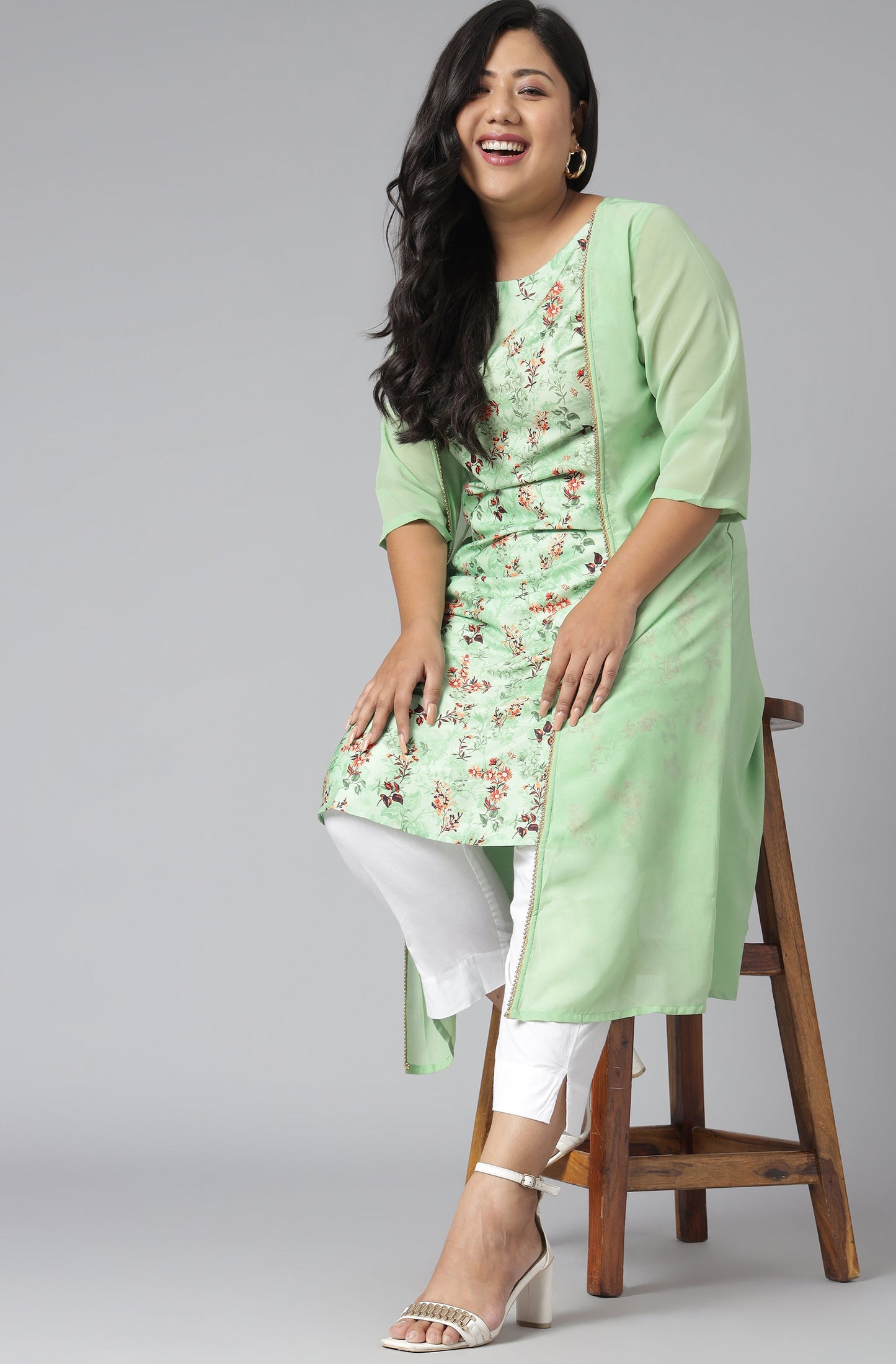Janasya Women's Green Poly Crepe Floral Print Casual A-line Kurta | Swadesiicart