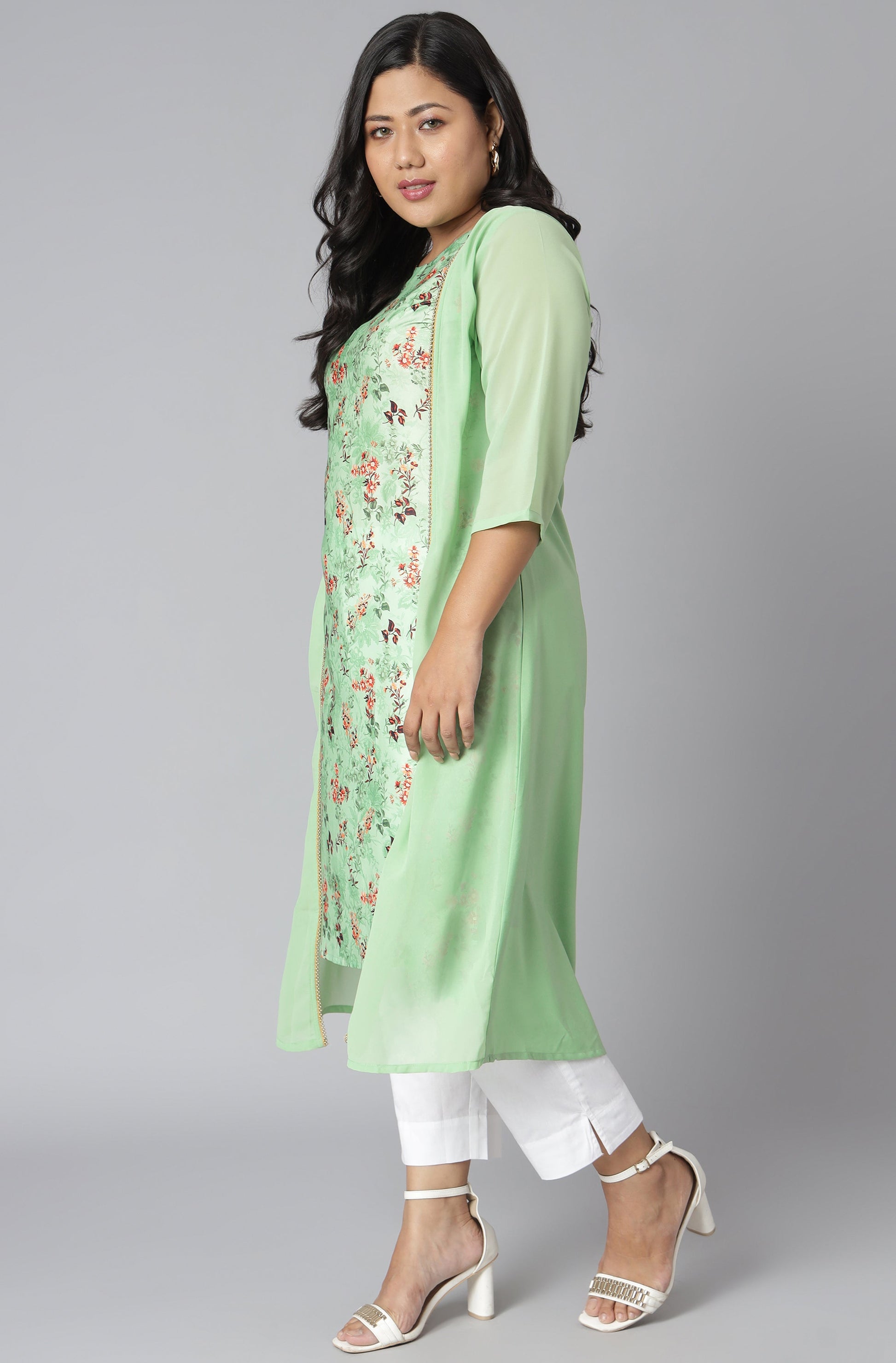 Janasya Women's Green Poly Crepe Floral Print Casual A-line Kurta | Swadesiicart