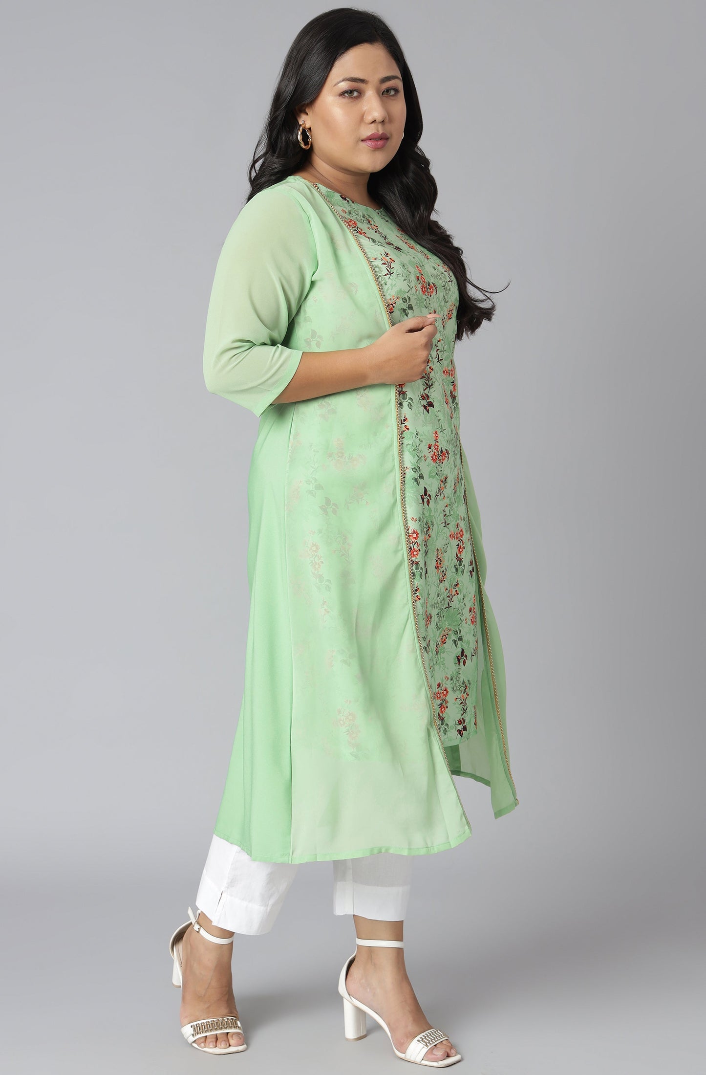 Janasya Women's Green Poly Crepe Floral Print Casual A-line Kurta | Swadesiicart