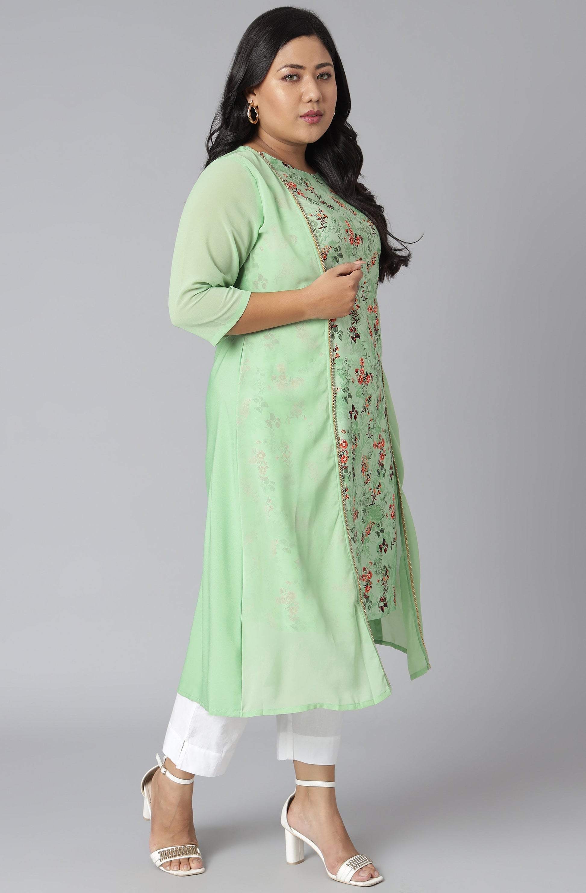 Janasya Women's Green Poly Crepe Floral Print Casual A-line Kurta | Swadesiicart