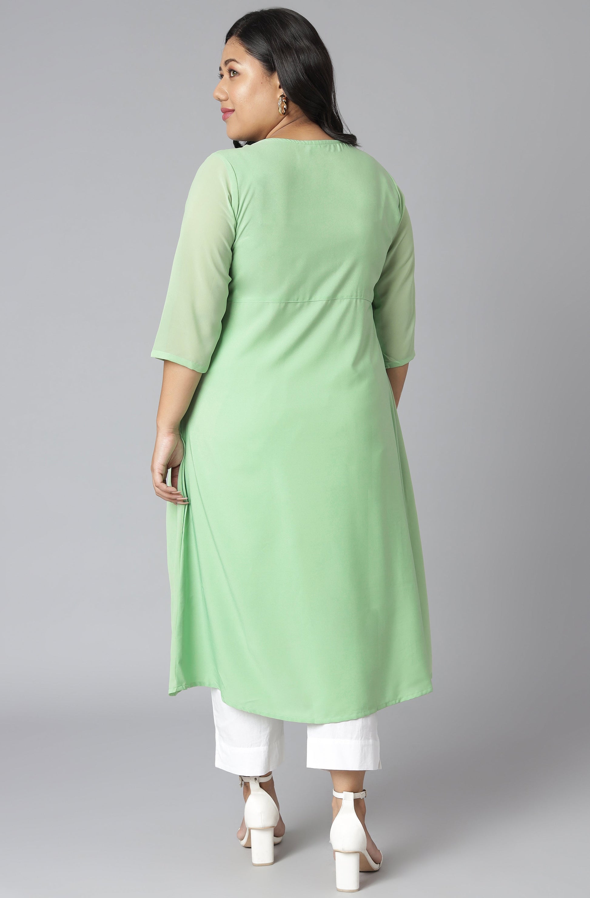 Janasya Women's Green Poly Crepe Floral Print Casual A-line Kurta | Swadesiicart