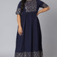 Janasya Women's Dark Blue Poly Crepe Foil Print Casual Flared Kurta | Swadesiicart