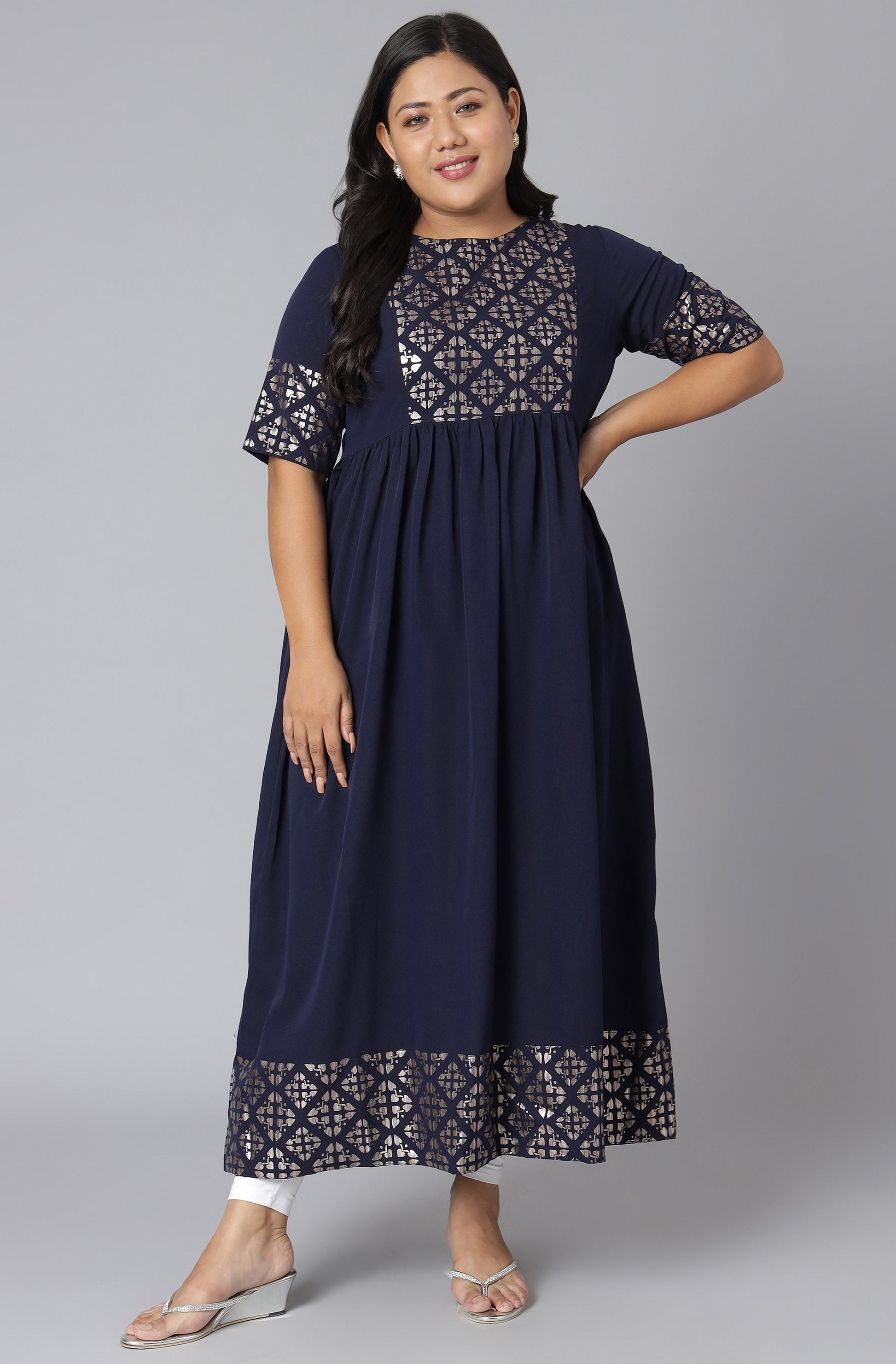 Janasya Women's Dark Blue Poly Crepe Foil Print Casual Flared Kurta | Swadesiicart