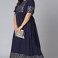 Janasya Women's Dark Blue Poly Crepe Foil Print Casual Flared Kurta | Swadesiicart