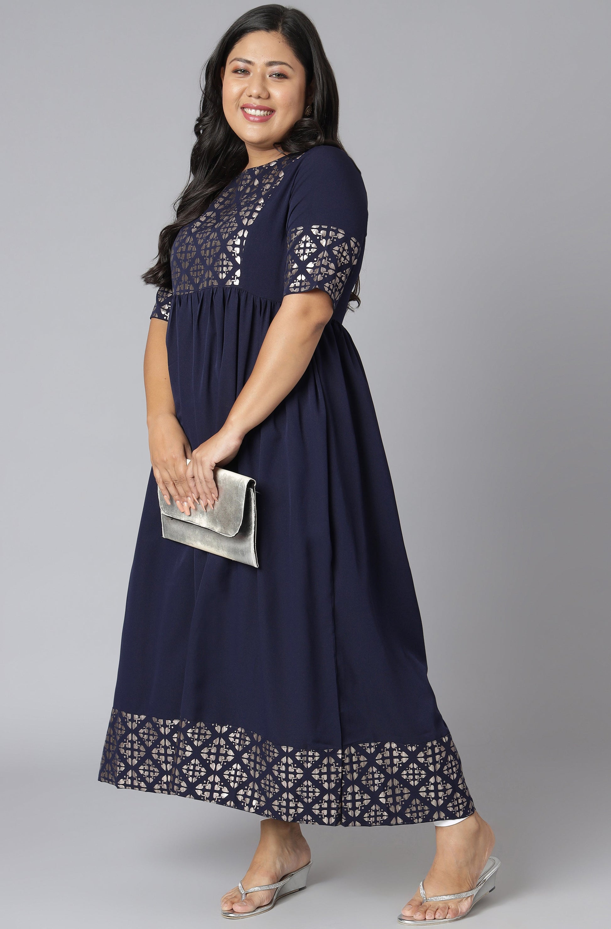 Janasya Women's Dark Blue Poly Crepe Foil Print Casual Flared Kurta | Swadesiicart