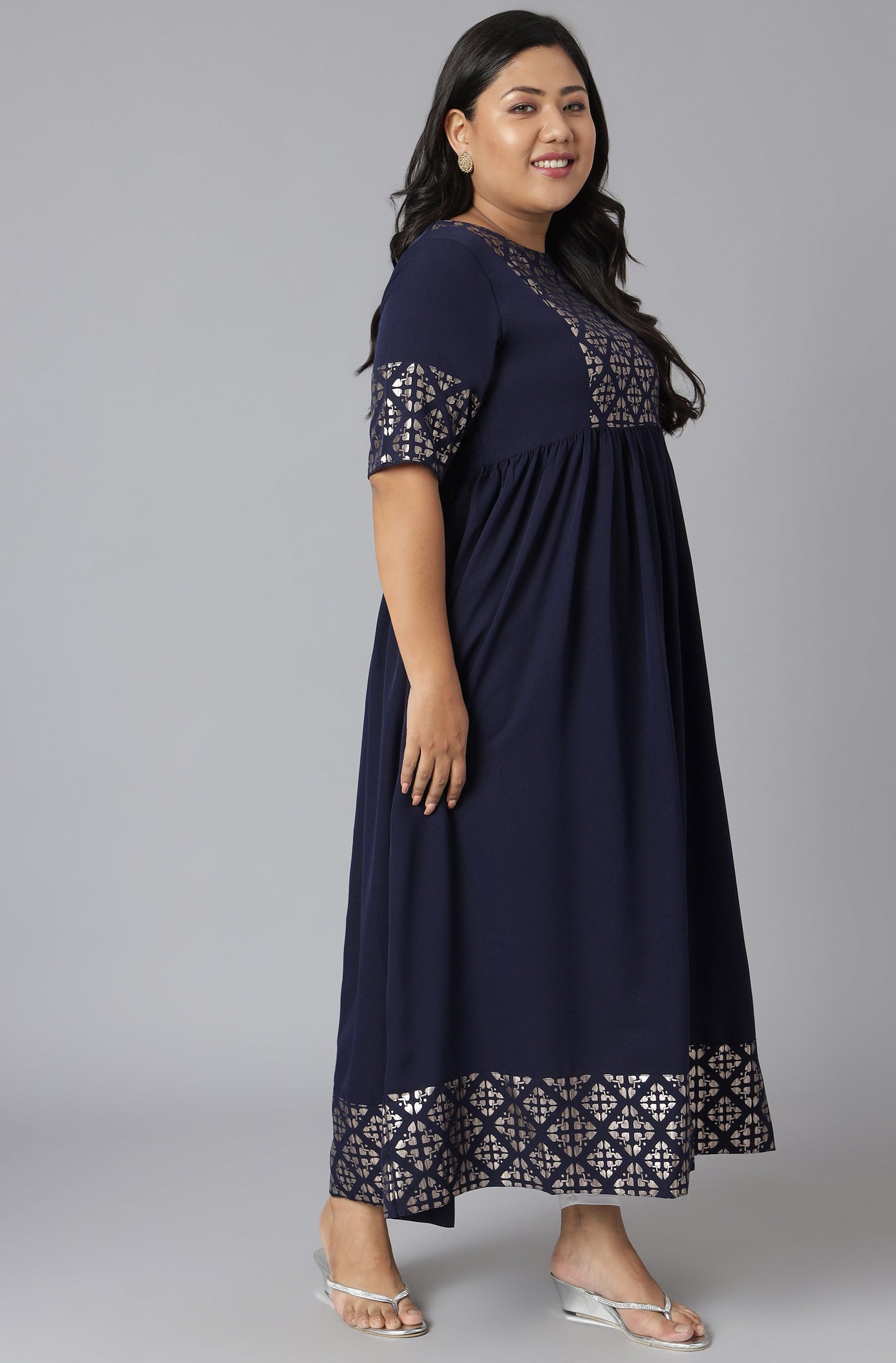 Janasya Women's Dark Blue Poly Crepe Foil Print Casual Flared Kurta | Swadesiicart