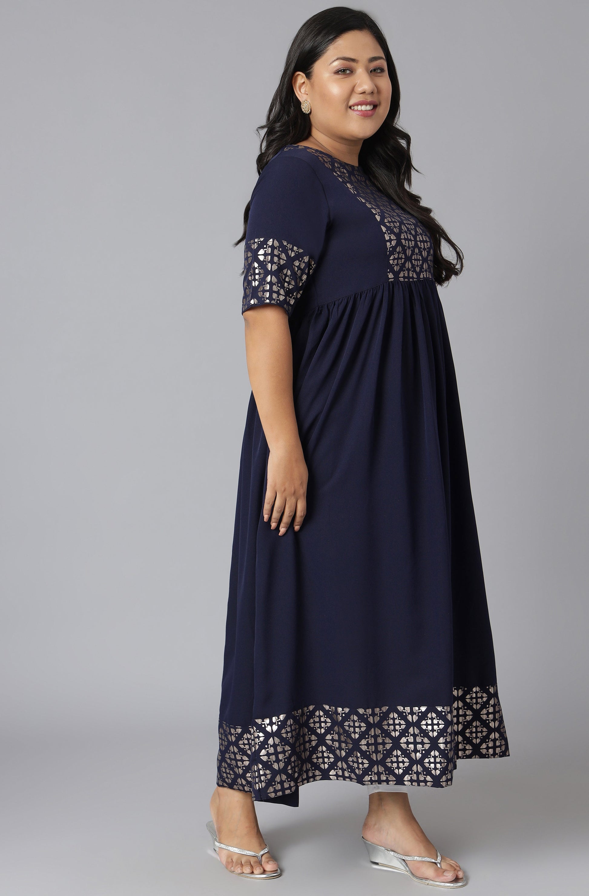 Janasya Women's Dark Blue Poly Crepe Foil Print Casual Flared Kurta | Swadesiicart