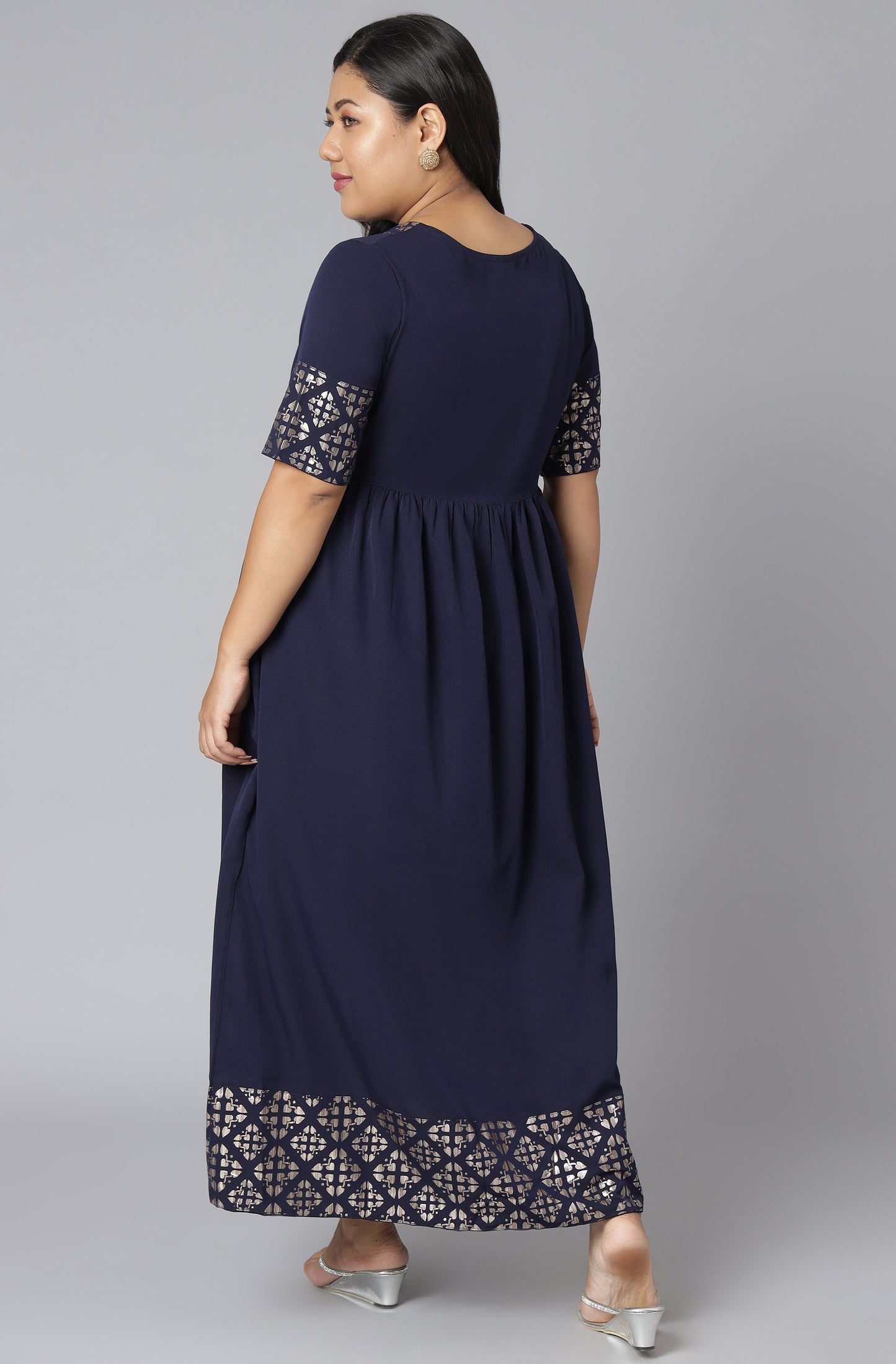 Janasya Women's Dark Blue Poly Crepe Foil Print Casual Flared Kurta | Swadesiicart