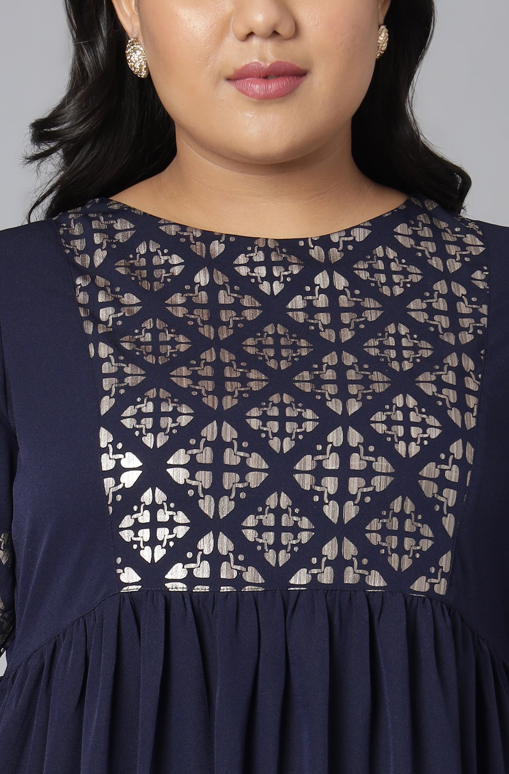 Janasya Women's Dark Blue Poly Crepe Foil Print Casual Flared Kurta | Swadesiicart