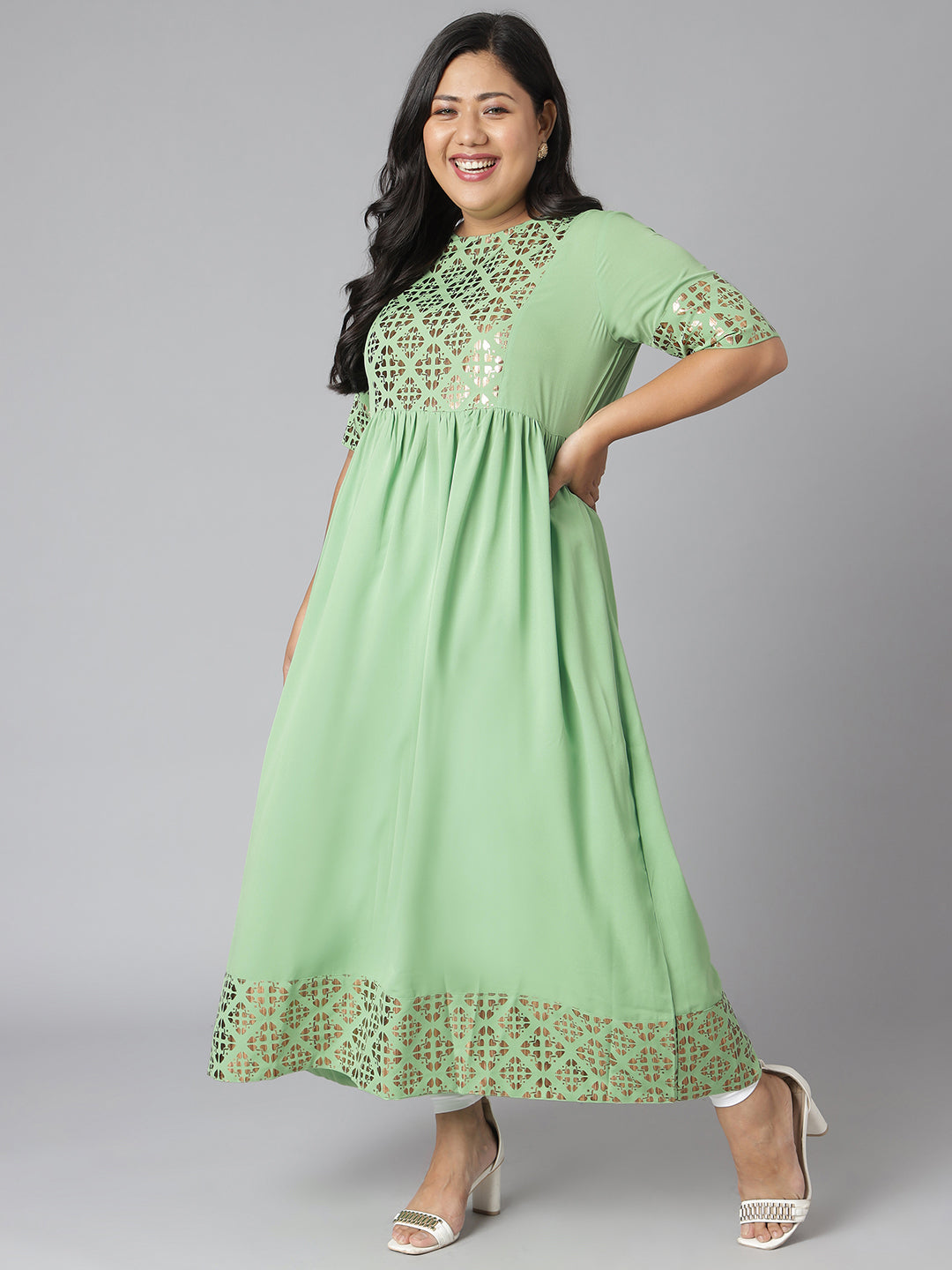 Janasya Women's Green Poly Crepe Foil Print Casual Flared Kurta | Swadesiicart