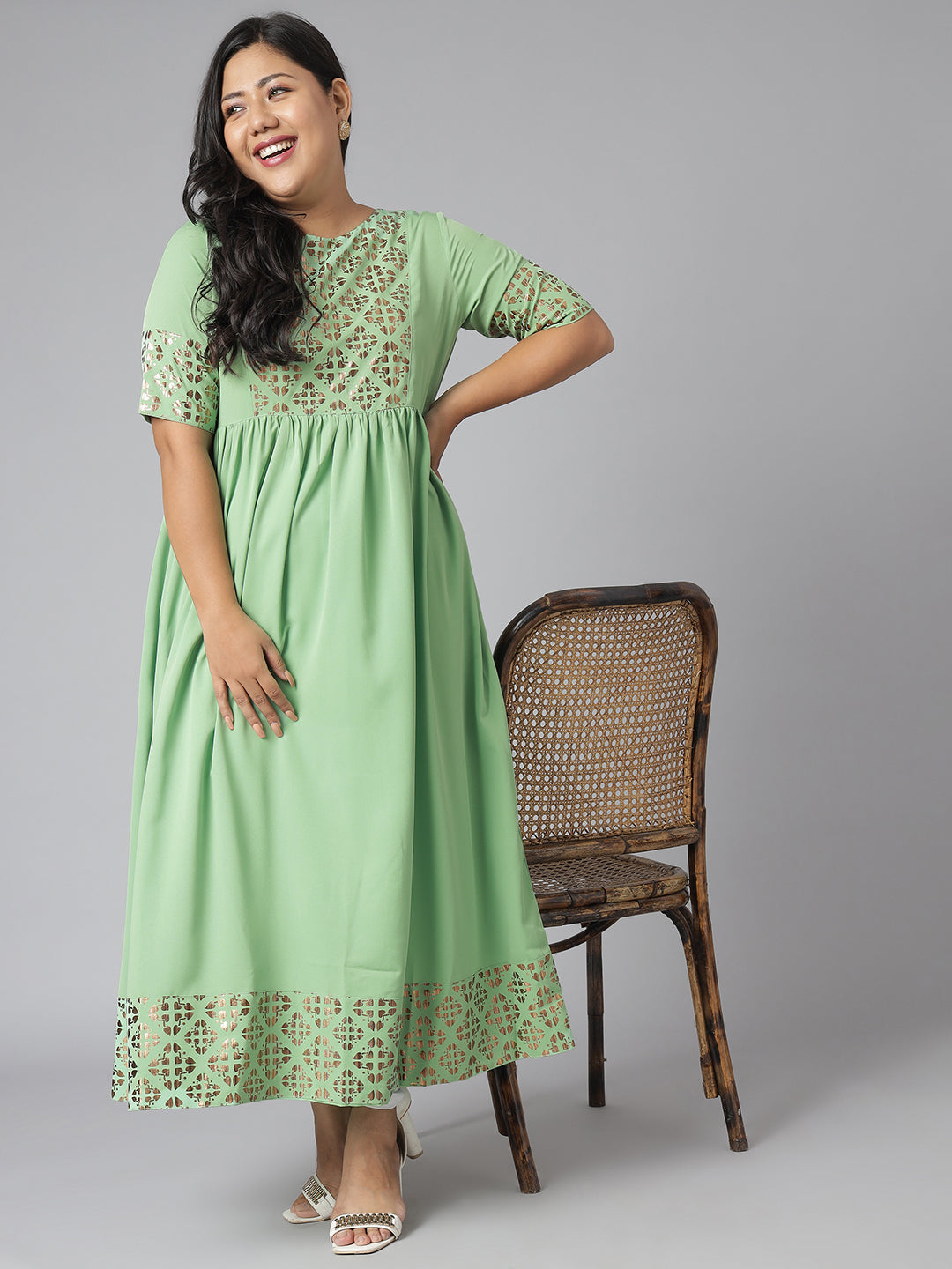 Janasya Women's Green Poly Crepe Foil Print Casual Flared Kurta | Swadesiicart