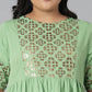 Janasya Women's Green Poly Crepe Foil Print Casual Flared Kurta | Swadesiicart