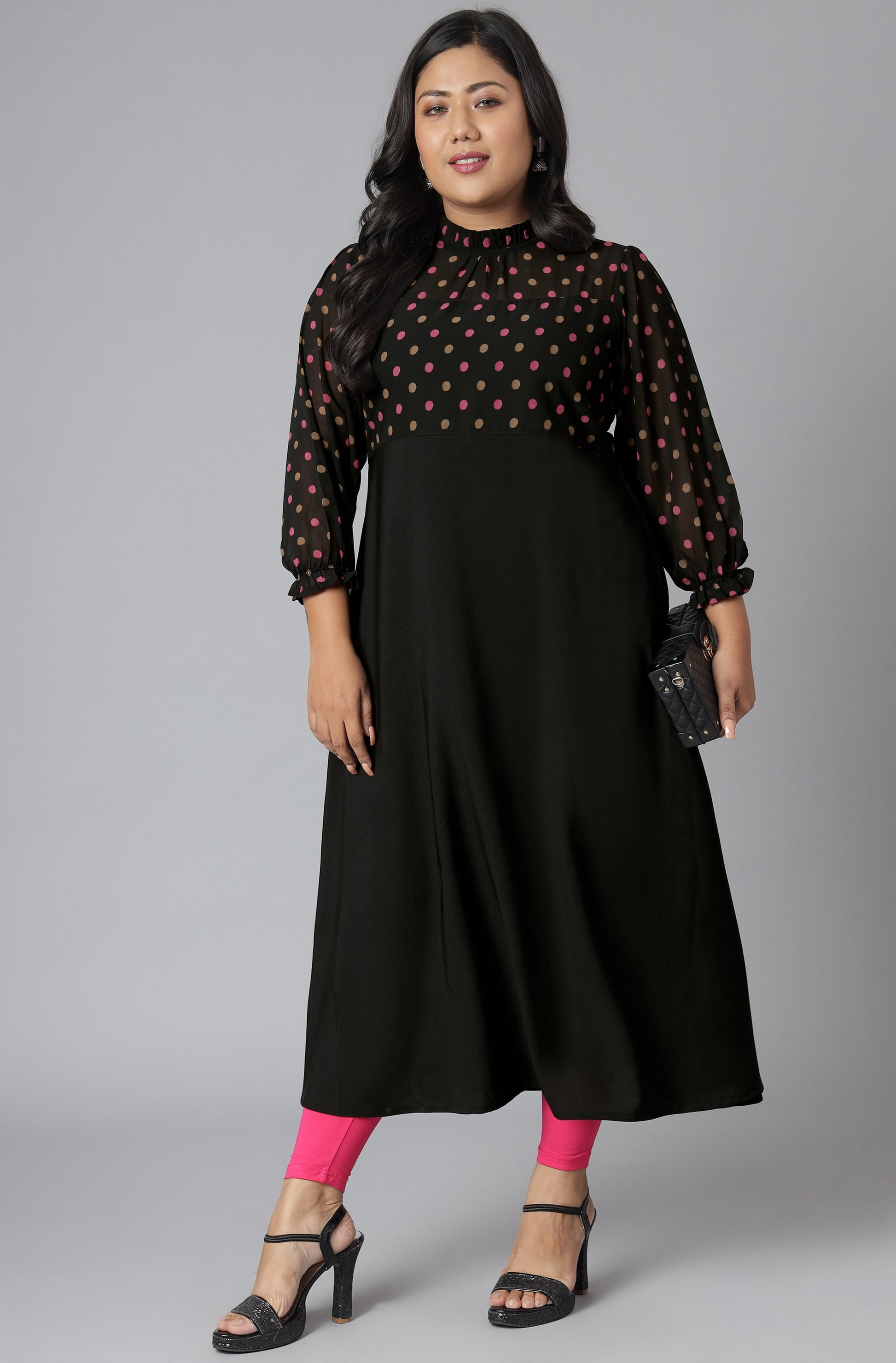 Janasya Women's Black Poly Crepe Polka Print Casual A-line Kurta | Swadesiicart