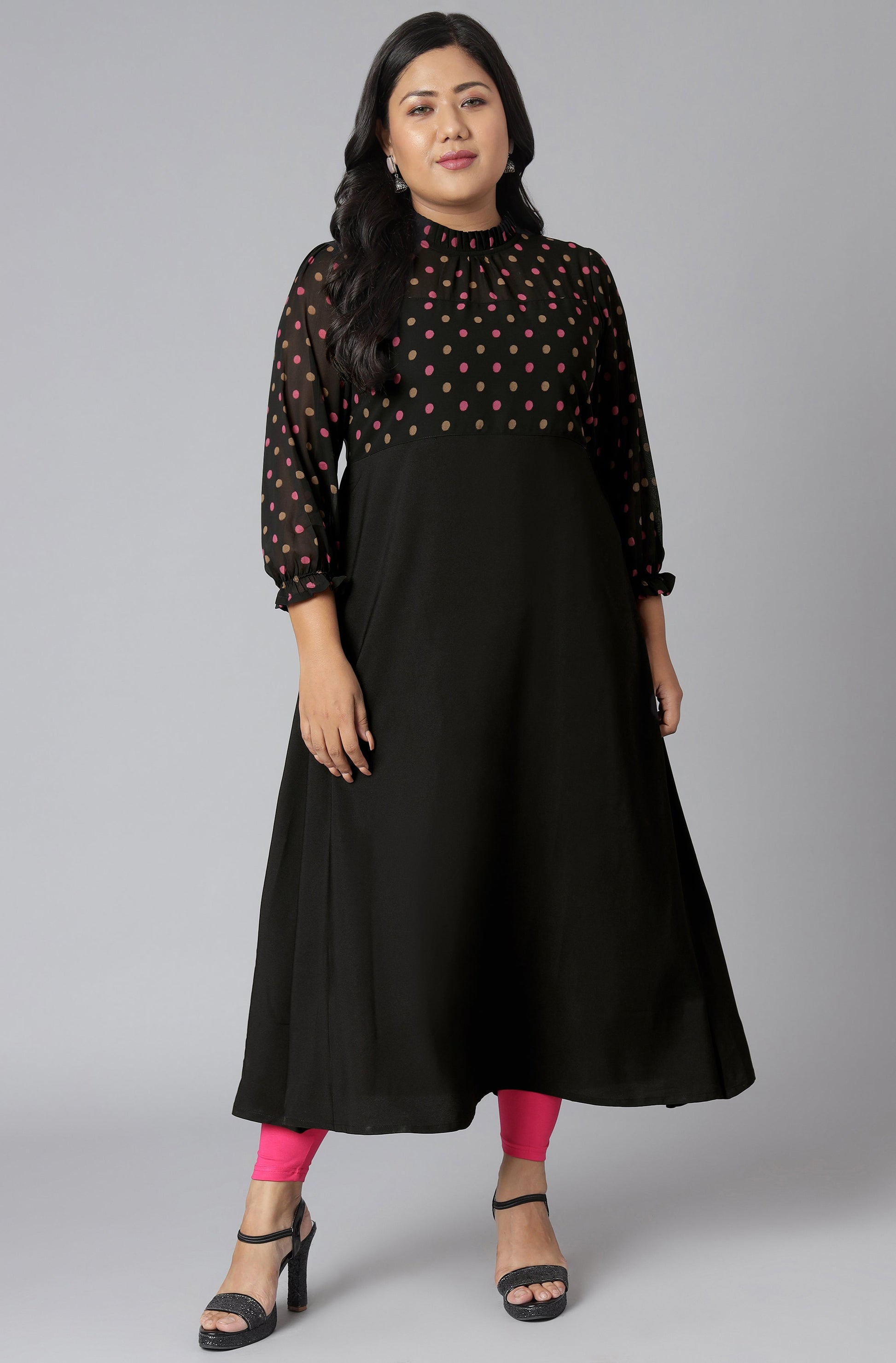 Janasya Women's Black Poly Crepe Polka Print Casual A-line Kurta | Swadesiicart
