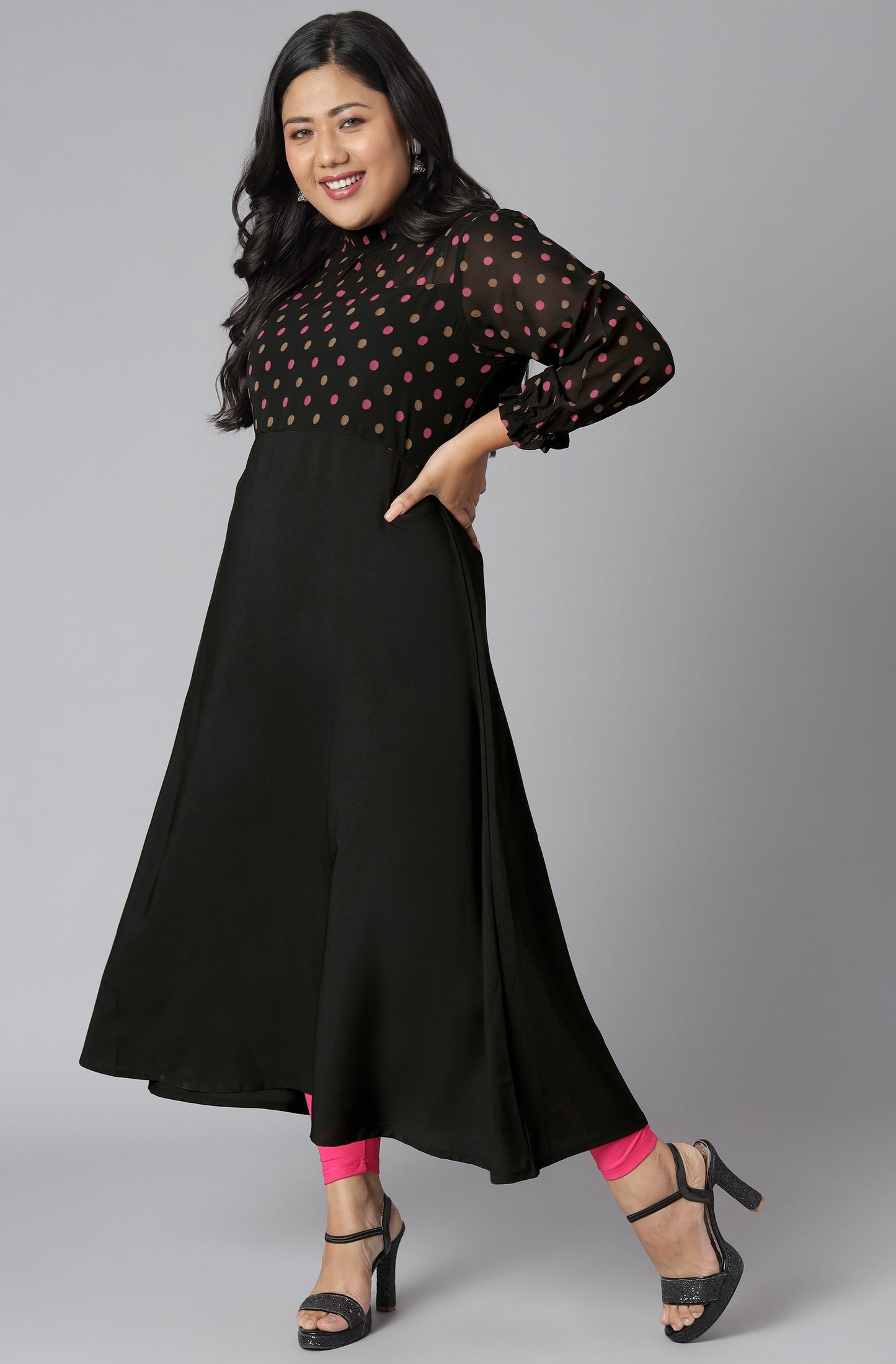 Janasya Women's Black Poly Crepe Polka Print Casual A-line Kurta | Swadesiicart