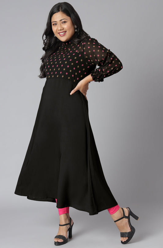 Janasya Women's Black Poly Crepe Polka Print Casual A-line Kurta | Swadesiicart