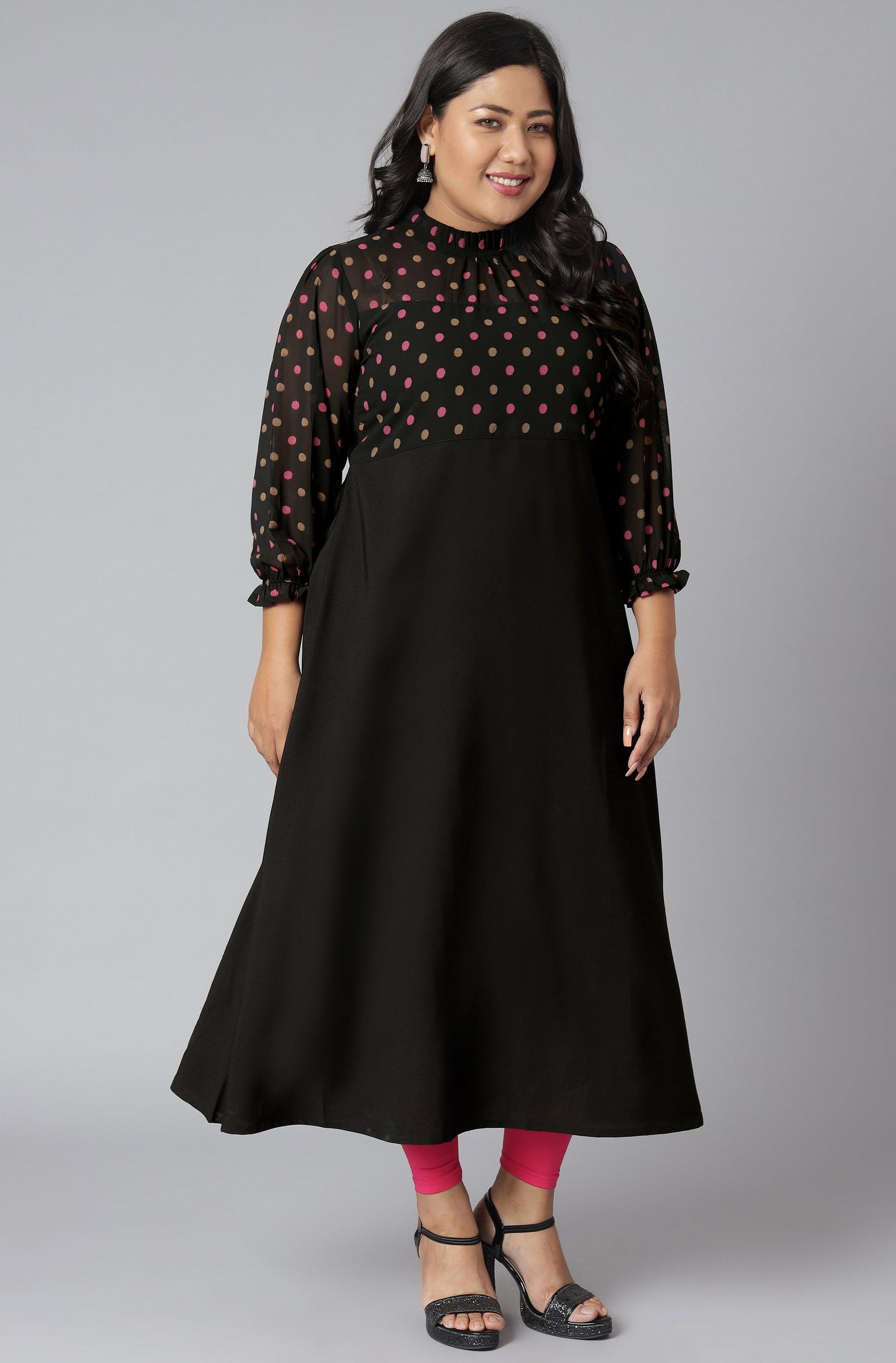 Janasya Women's Black Poly Crepe Polka Print Casual A-line Kurta | Swadesiicart
