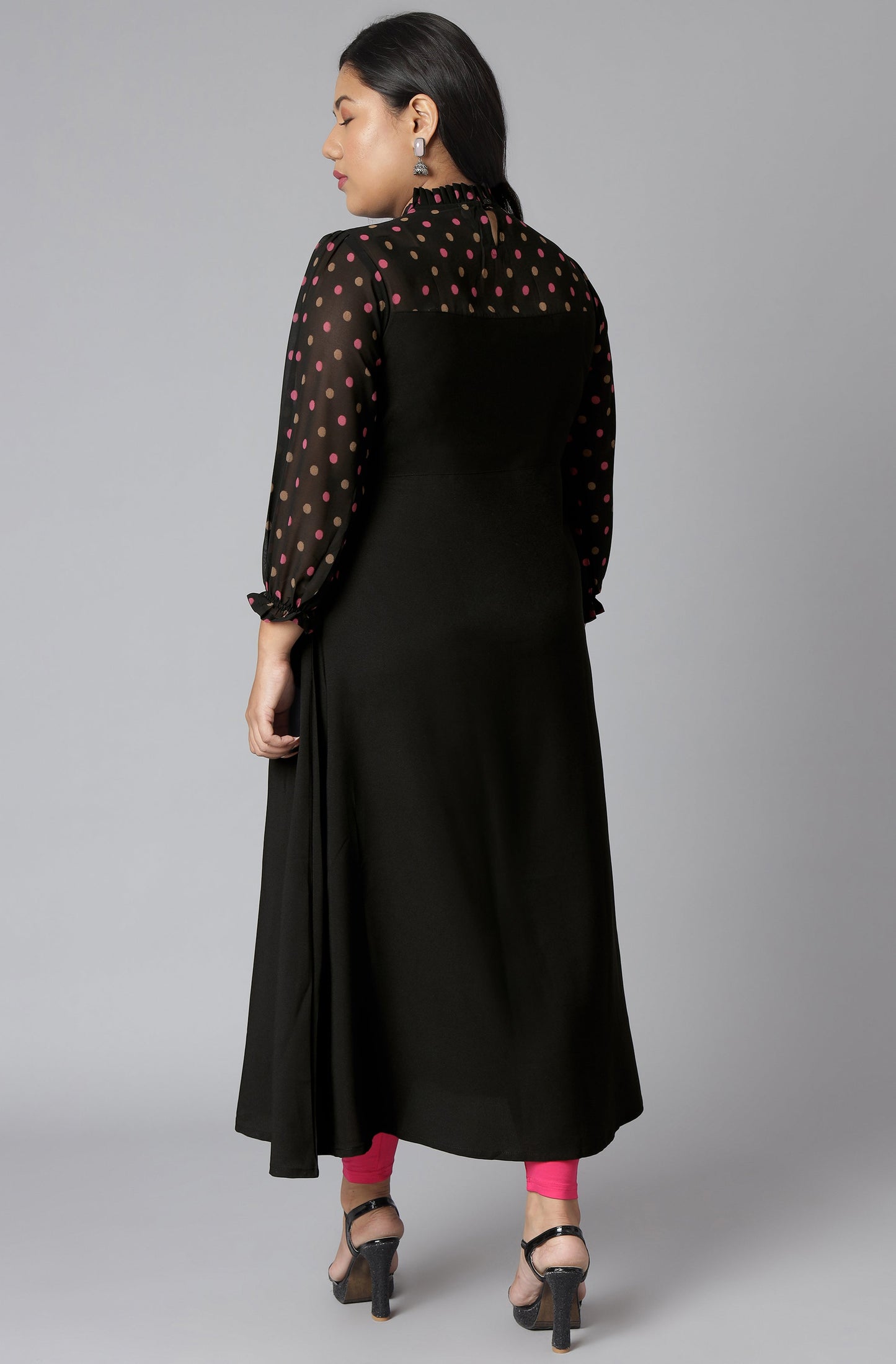 Janasya Women's Black Poly Crepe Polka Print Casual A-line Kurta | Swadesiicart